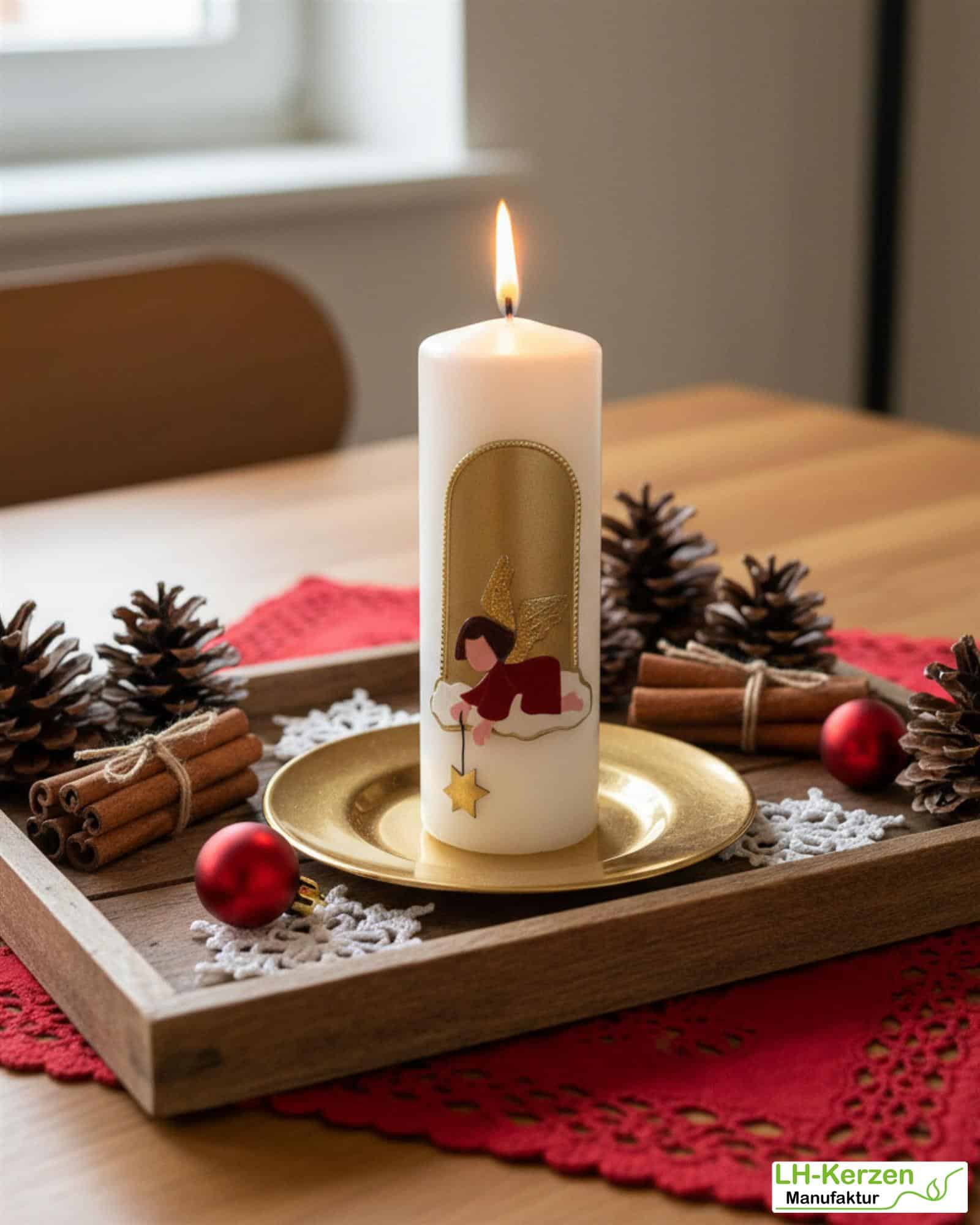 Weihnachtskerze Engel weiß mit goldenem Stern – Handarbeit, festliche Dekoration, personalisierbar