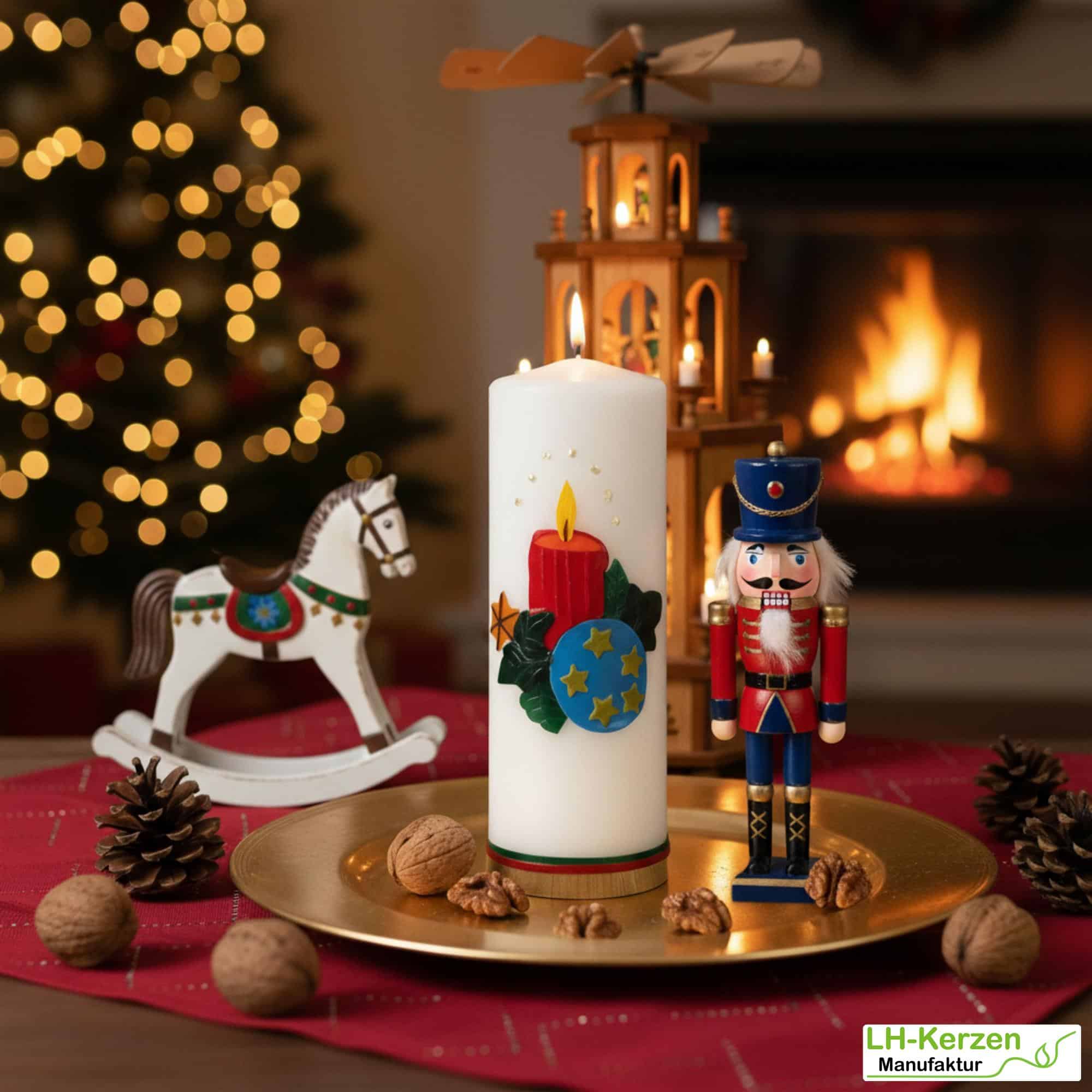 Weihnachtskerze personalisierbar – weiße Kerze mit roter Kerze und Kugel, ideale Adventsdeko