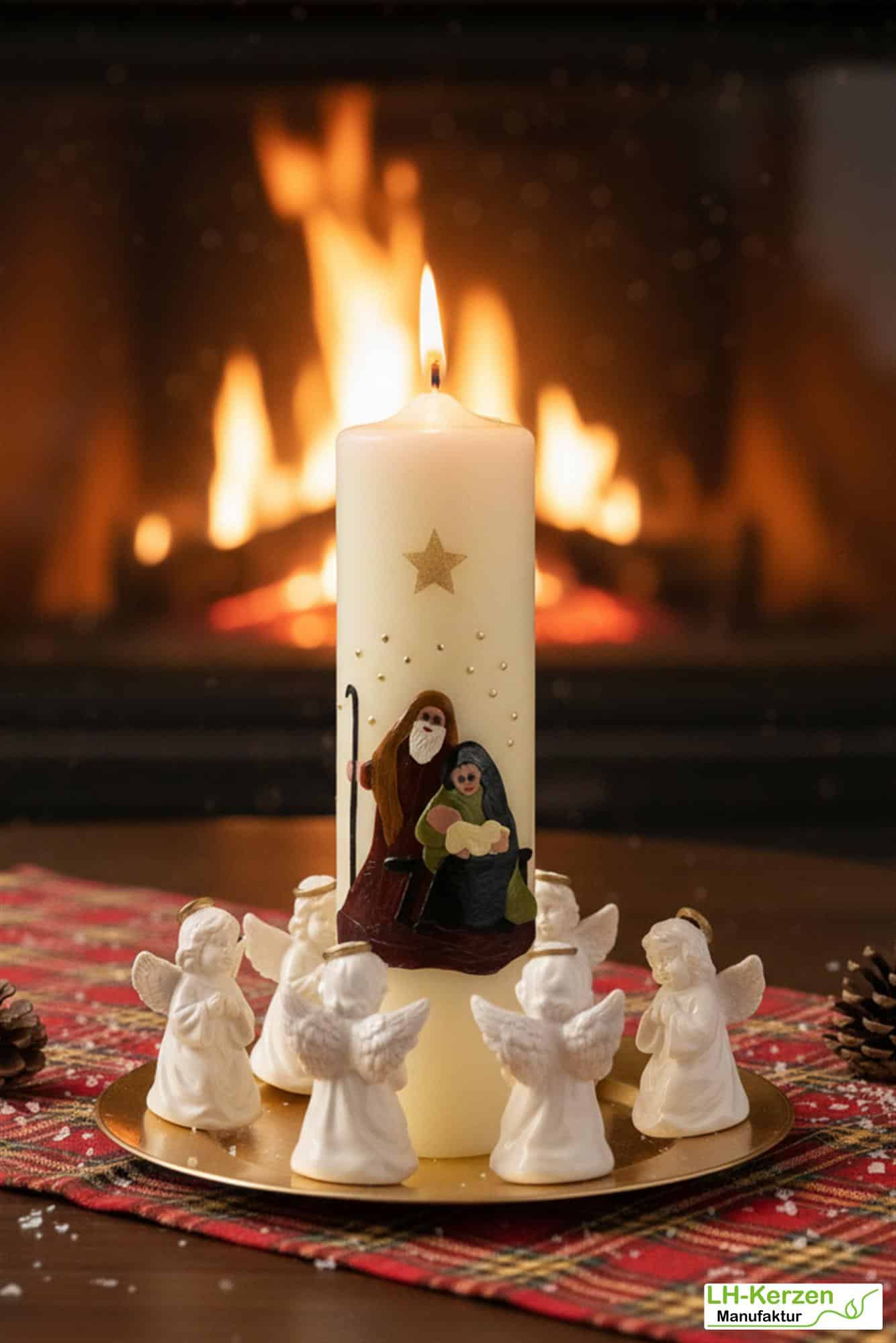 Weihnachtskerze personalisierbar – große Kerze mit Heiliger Familie, 300 mm Höhe, brennt 130 Stunden