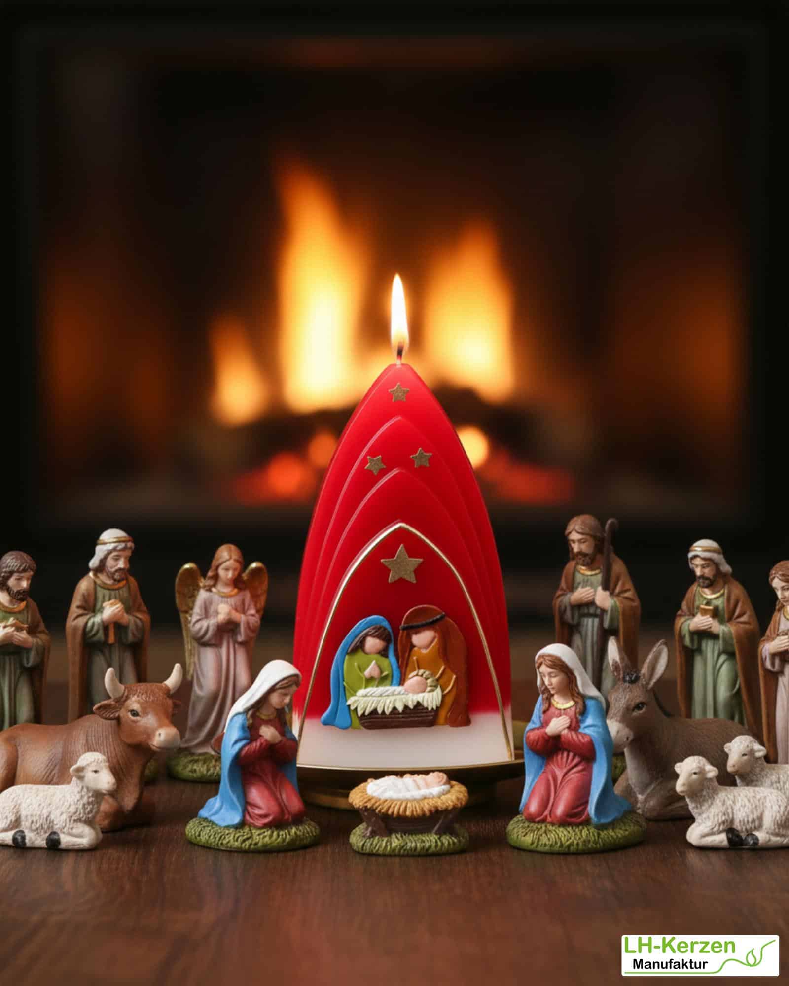 Weihnachtskerze personalisierbar – Kuppelmotiv rot-weiß mit Christkind, Maria und Josef
