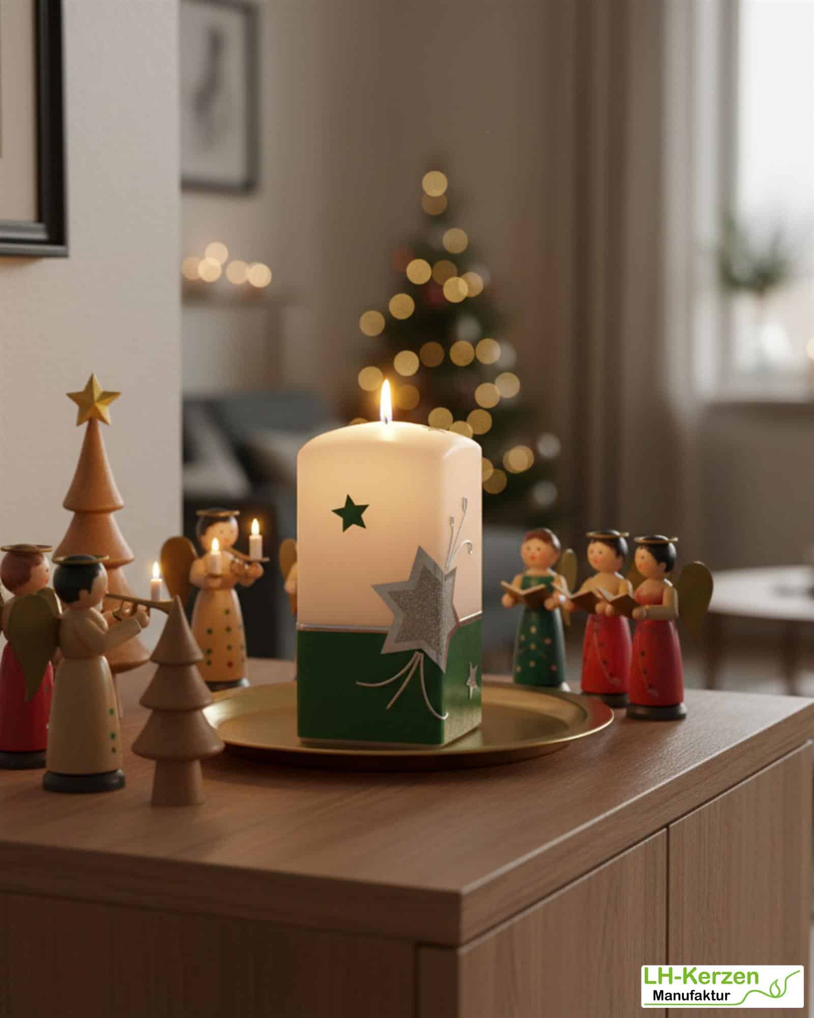 Weihnachtskerze Weihnachtsstern und Sternenschweif mit Strass-Steinen grün, weiß, silber, Quaderform