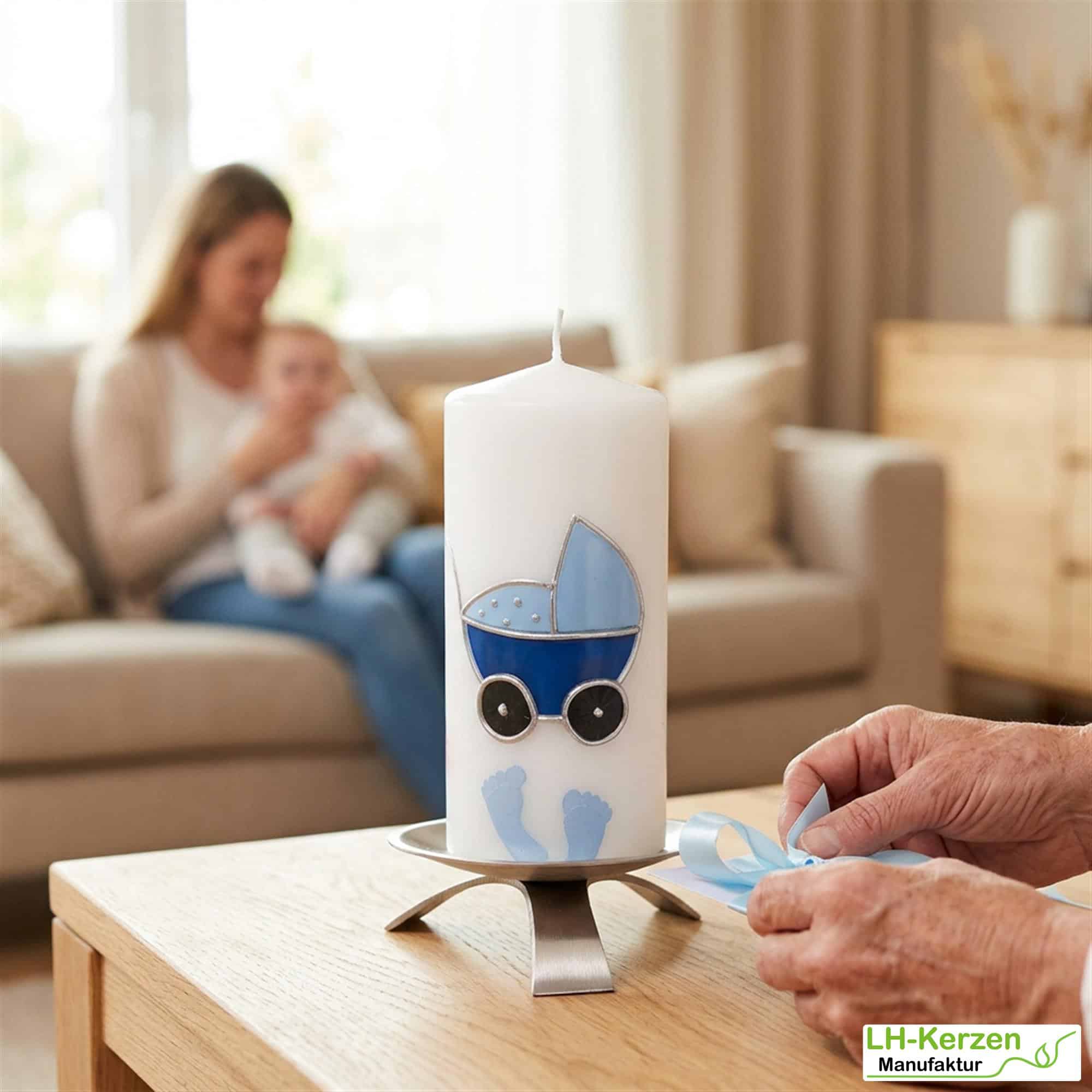 Geburtskerze personalisierbar mit Kinderwagen und Füßchen, Babygeschenk Geburt, Geschenk Geburt