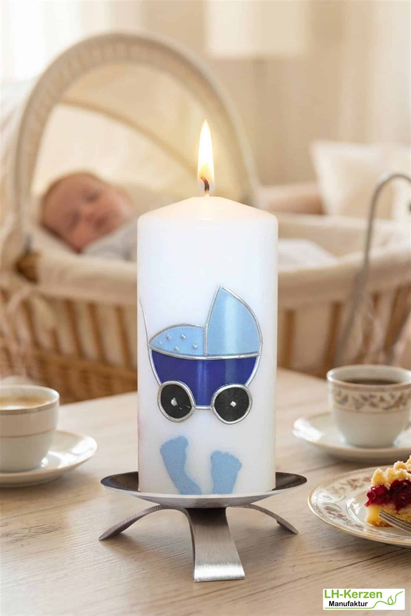 Geburtskerze personalisierbar mit Kinderwagen und Füßchen, Babygeschenk Geburt, Geschenk Geburt