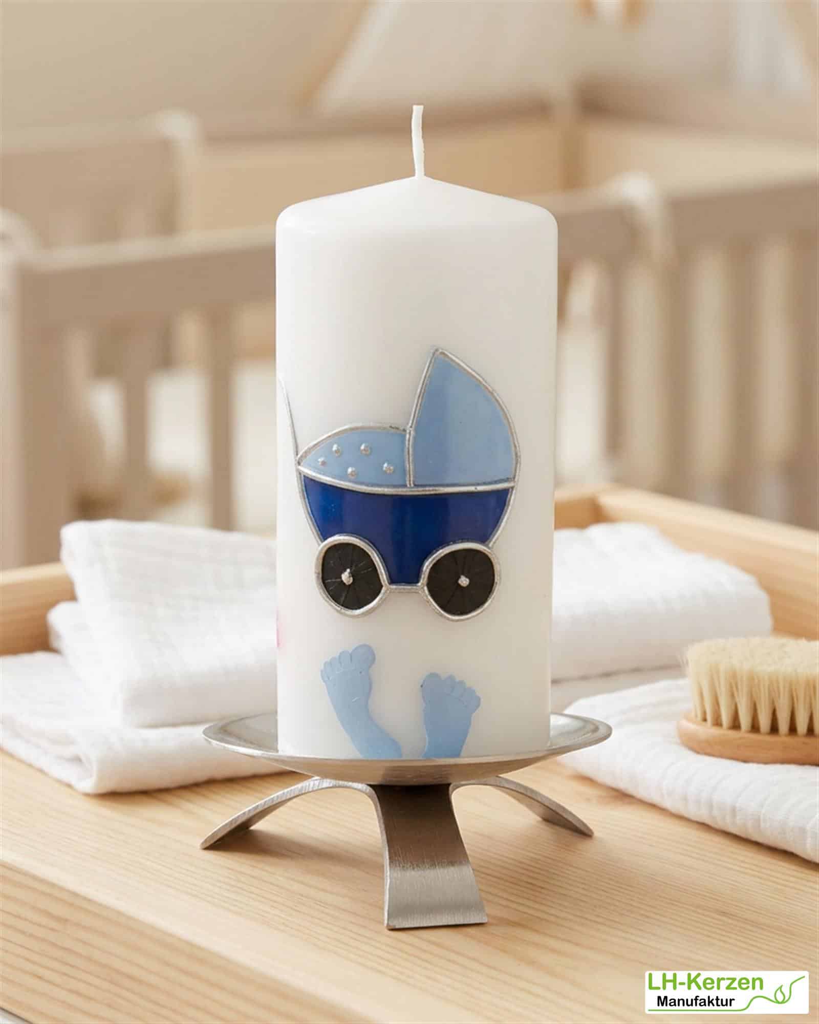 Geburtskerze personalisierbar mit Kinderwagen und Füßchen, Babygeschenk Geburt, Geschenk Geburt