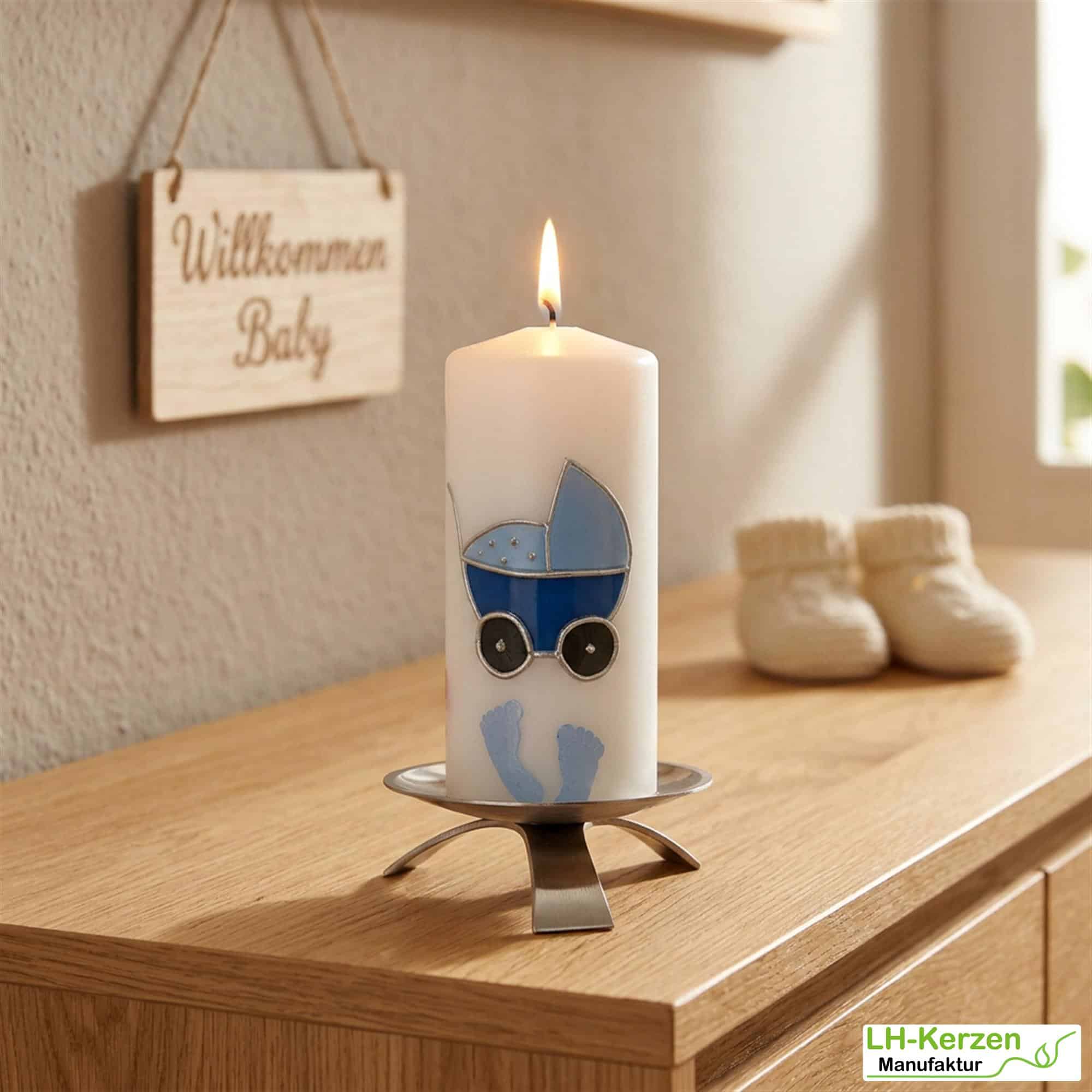 Geburtskerze personalisierbar mit Kinderwagen und Füßchen, Babygeschenk Geburt, Geschenk Geburt