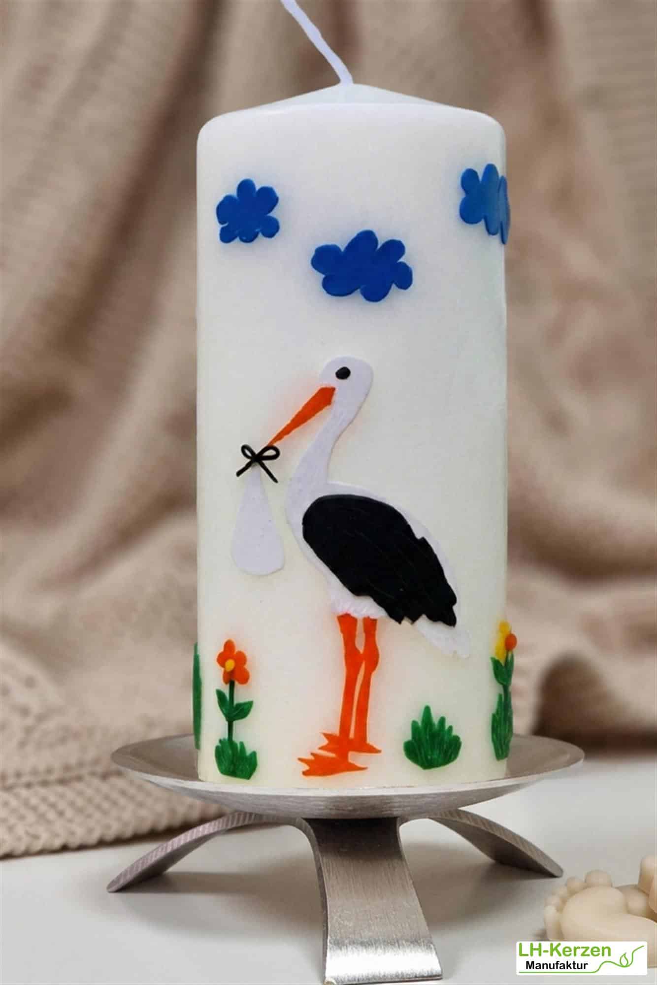 Geburtskerze mit Storch, personalisierbar mit Namen und Datum, Babygeschenk, Geschenk Geburt