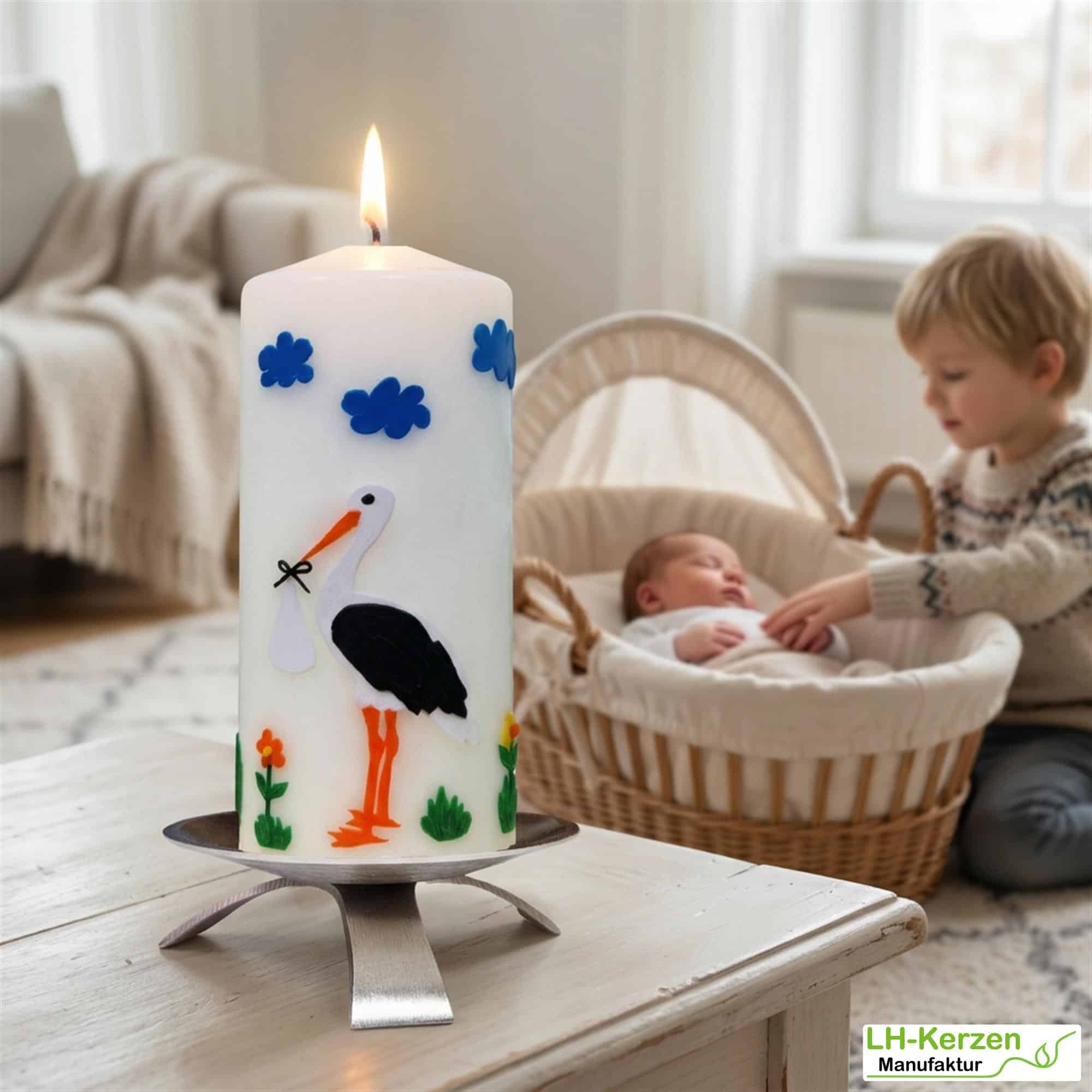 Geburtskerze mit Storch, personalisierbar mit Namen und Datum, Babygeschenk, Geschenk Geburt
