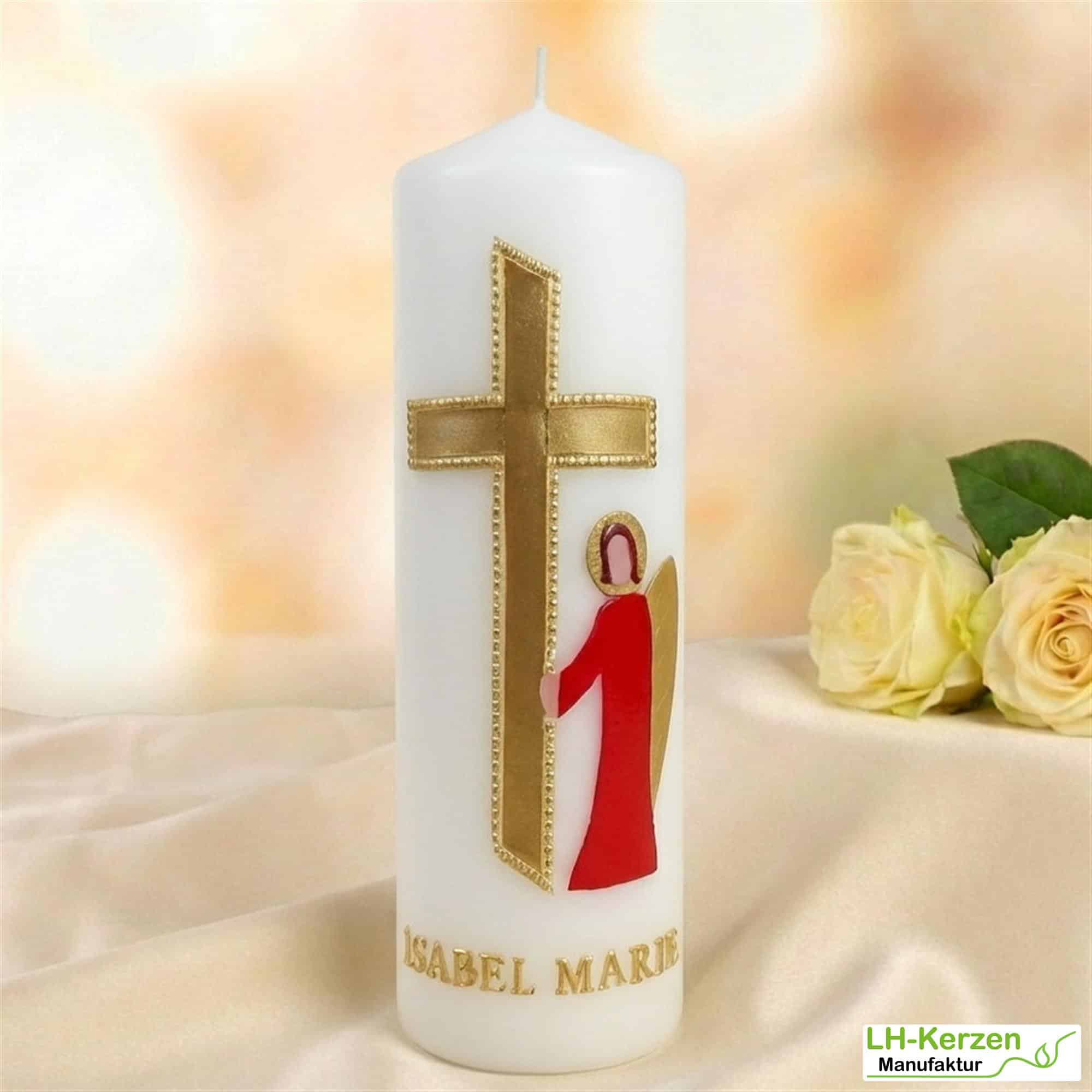 Taufkerze in Elfenbein mit Kreuz, Taube & Engel – handverziert, personalisierbar