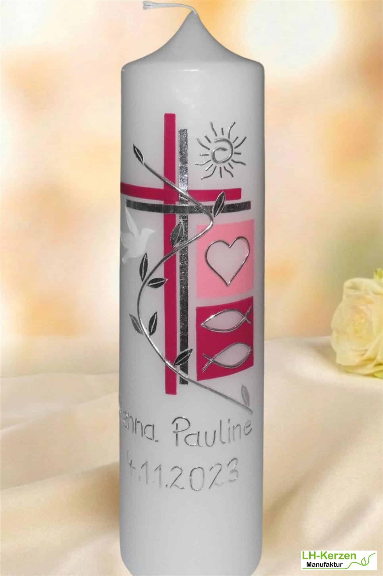 Moderne Taufkerze mit Kreuz, Blumenranke & Sonne – zweifarbig, handverziert