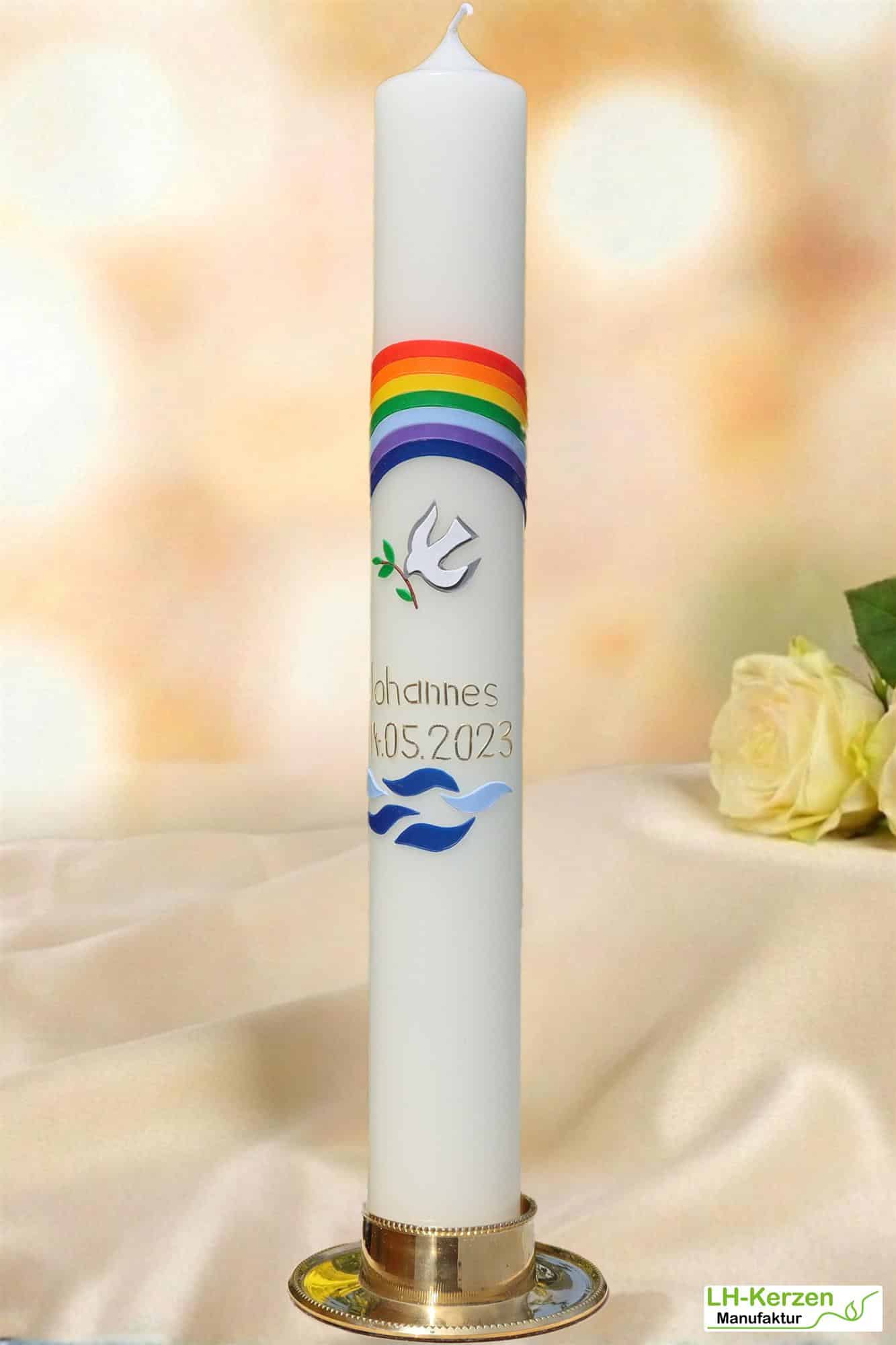 Taufkerze Regenbogen & Taube – handverziert, personalisierbar, verschiedene Größen