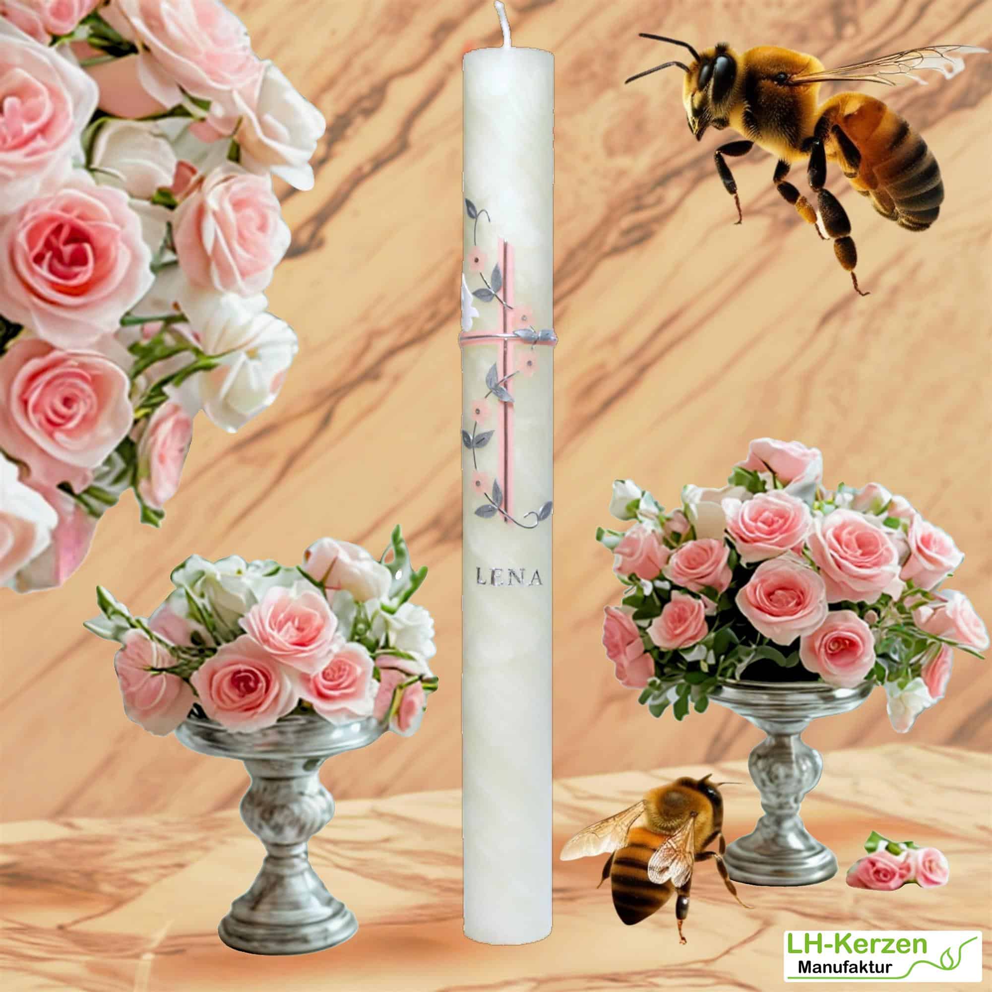 Taufkerze aus Bienenwachs mit Blumenranke, Taube & zweifarbigem Kreuz – handverziert