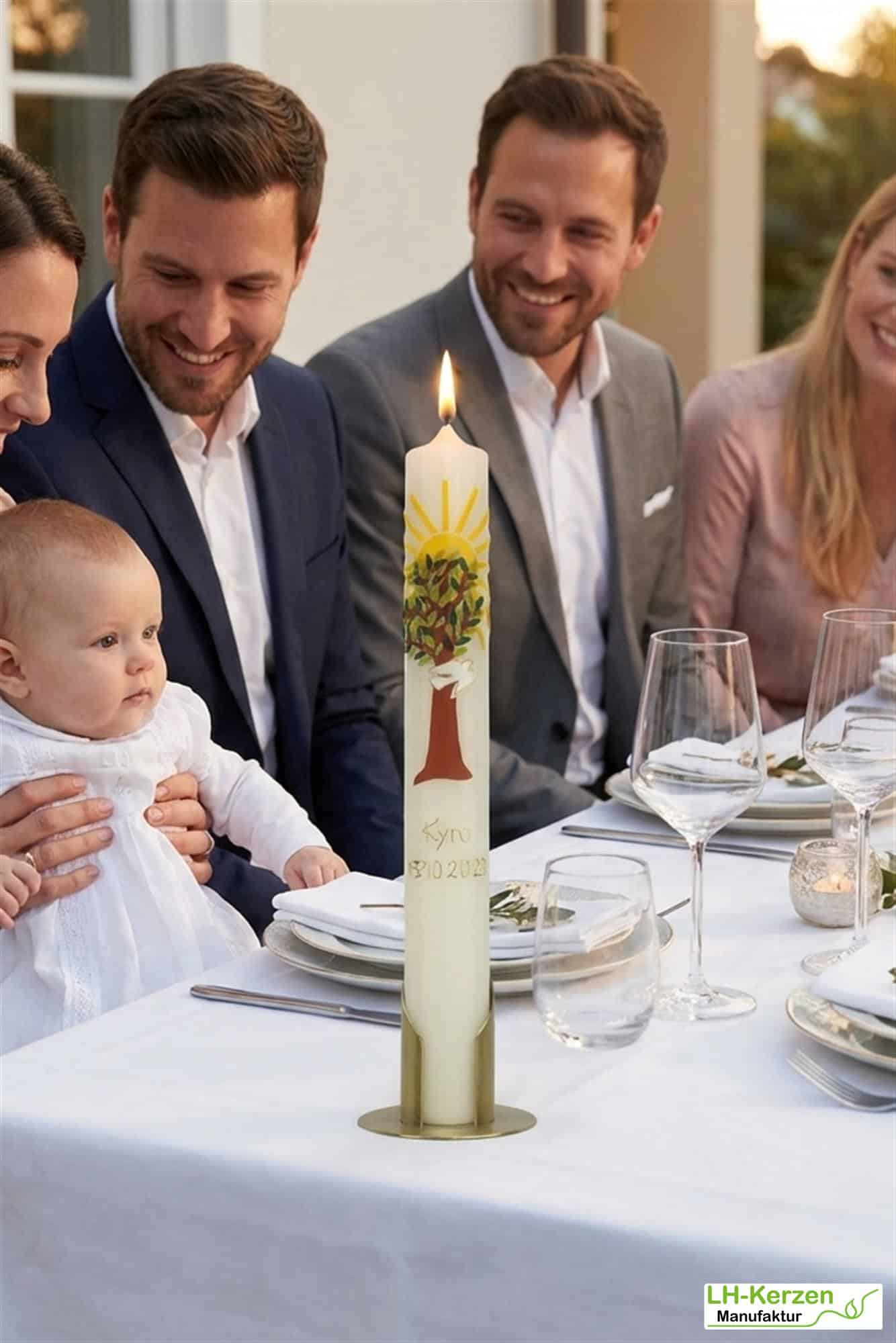 Taufkerze Lebensbaum mit Taube & Sonne – handverziert, personalisierbar für Jungen & Mädchen