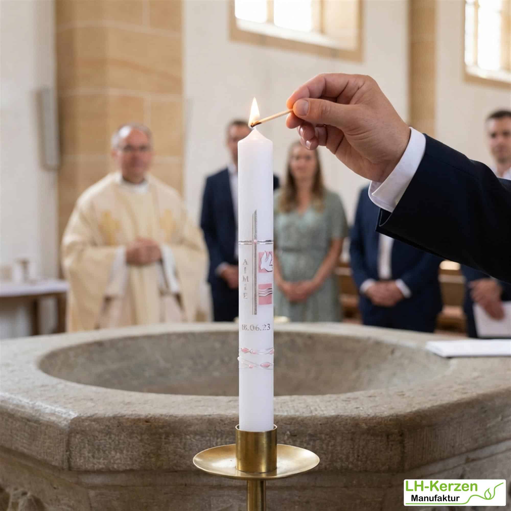 Taufkerze für Mädchen mit silbernem Kreuz, Taube & Wellen – handverziert, personalisierbar