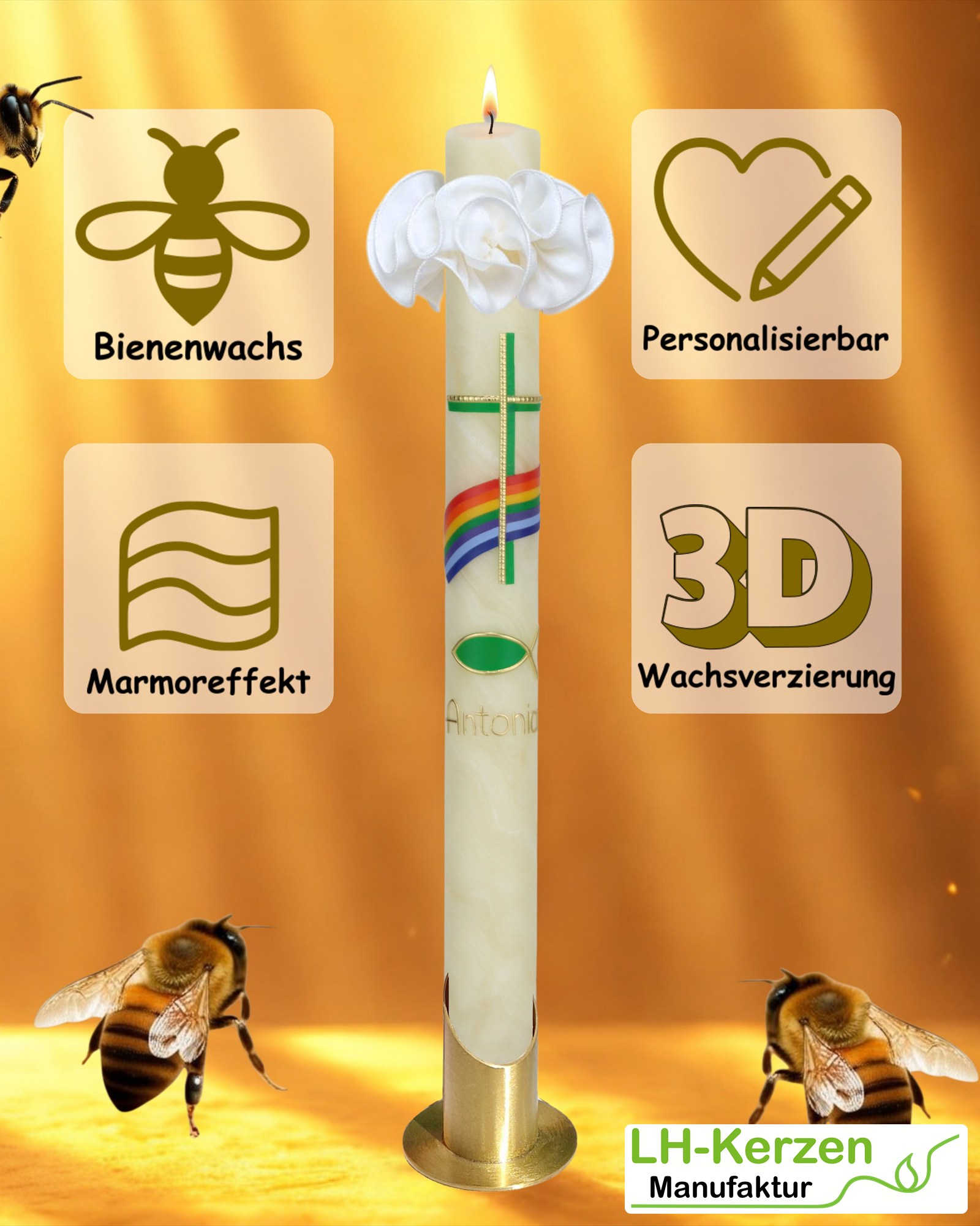 Bienenwachs-Taufkerze mit Regenbogen, grünem Kreuz und Fischsymbol – handverziert, personalisierbar