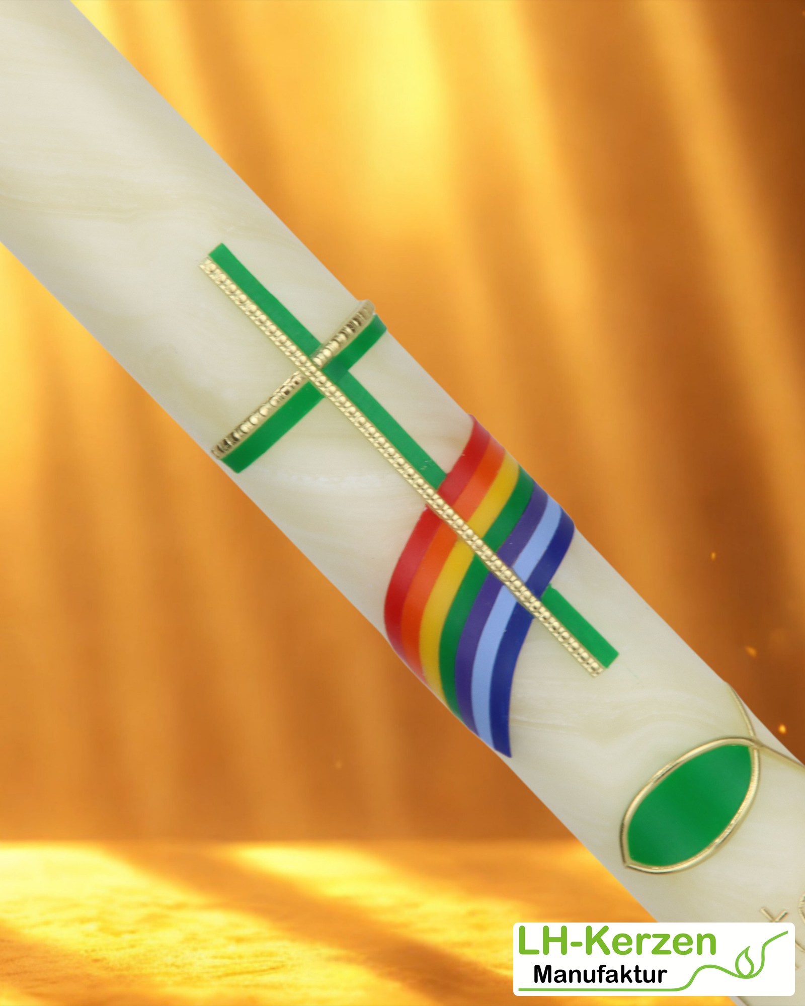 Bienenwachs-Taufkerze mit Regenbogen, grünem Kreuz und Fischsymbol – handverziert, personalisierbar