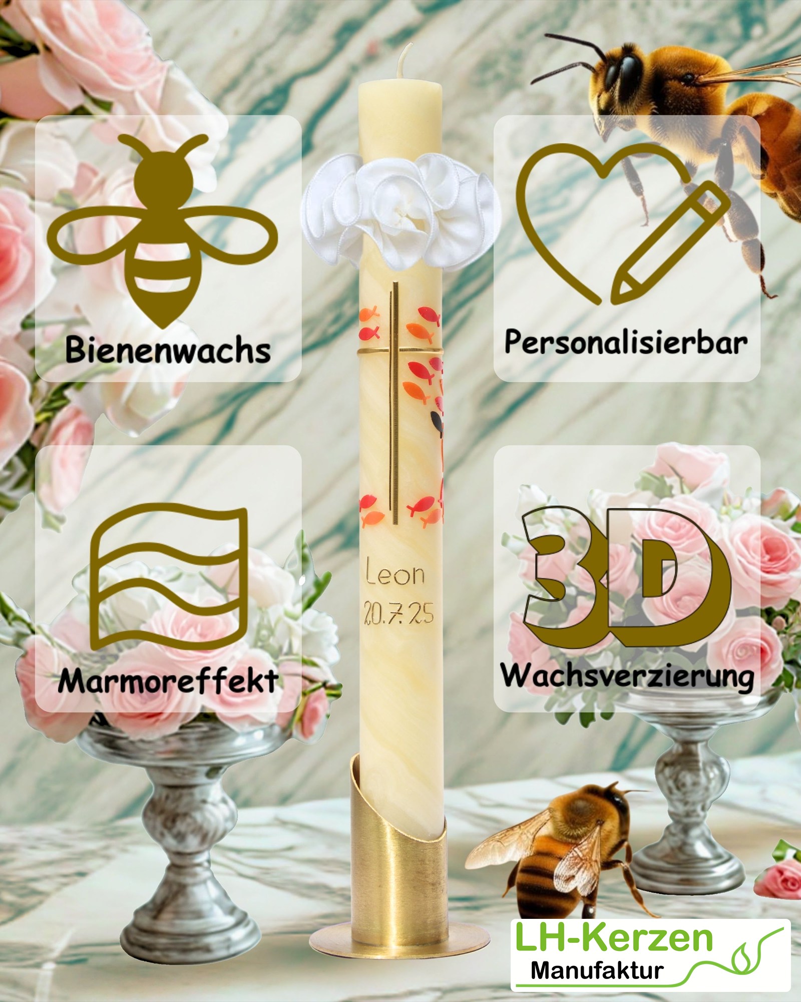 Handgeknetete Taufkerze Bienenwachs mit stilisiertem Fischmotiv, goldener Schrift und Marmorstruktur