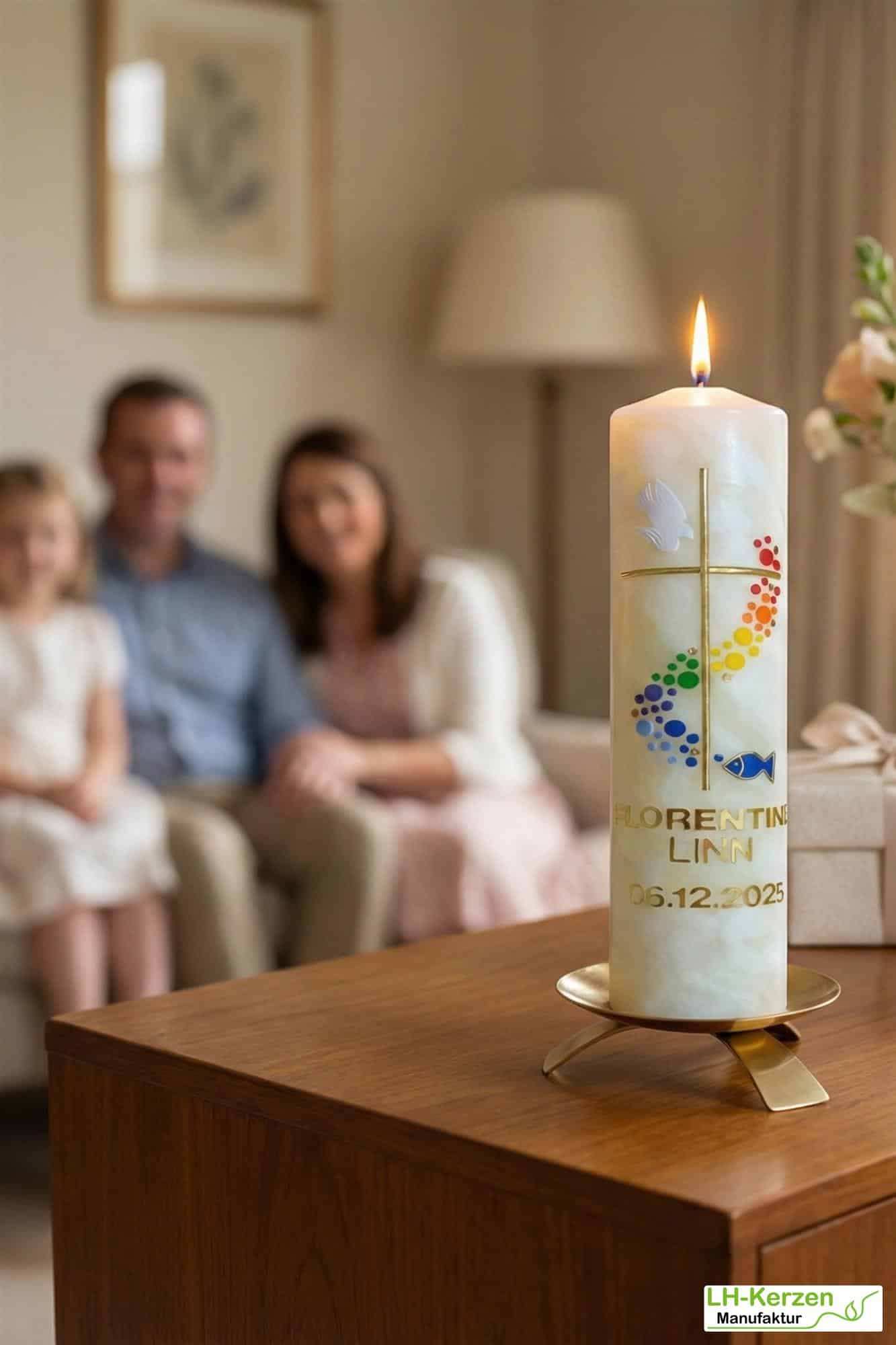 Bienenwachs-Taufkerze mit Kreuz, Taube, Fisch und farbigem Lebensweg, handverziert, personalisierbar