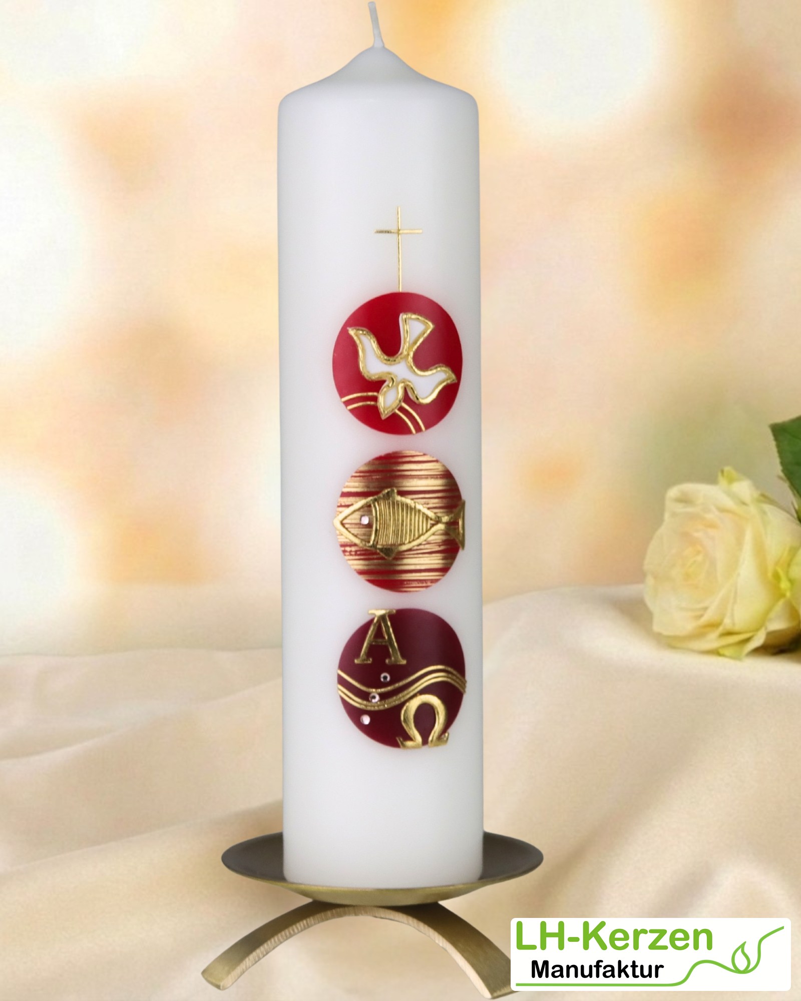 Taufkerze mit Taube, Fisch & Alpha Omega in Rot-Gold – personalisierbar