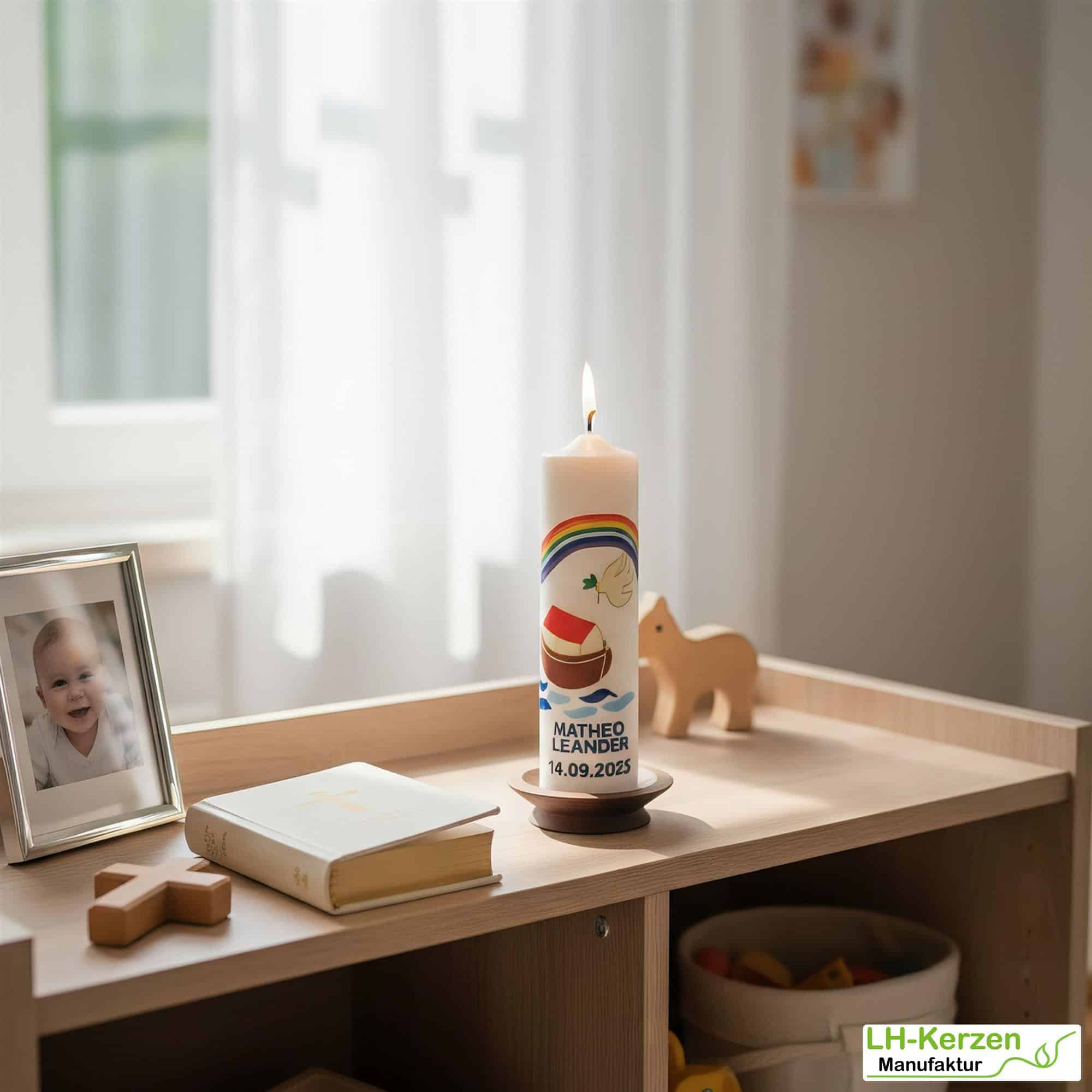 Taufkerze Arche Noah mit Regenbogen & Taube – Stumpenkerze, handverziert, personalisierbar