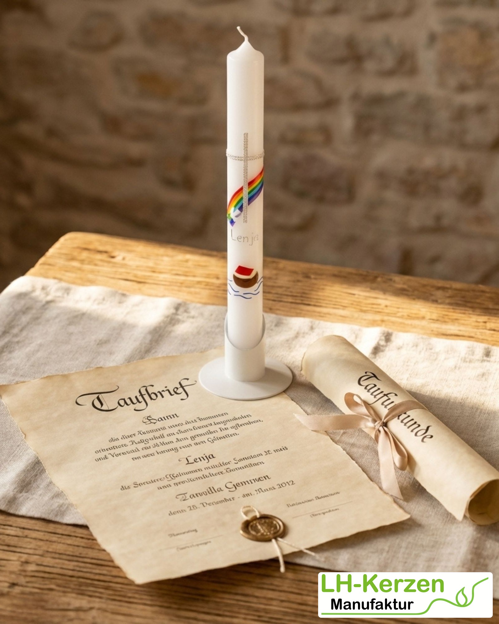 Schlanke Taufkerze Arche Noah mit Regenbogen, Kreuz und Taube, handverziert, personalisierbar