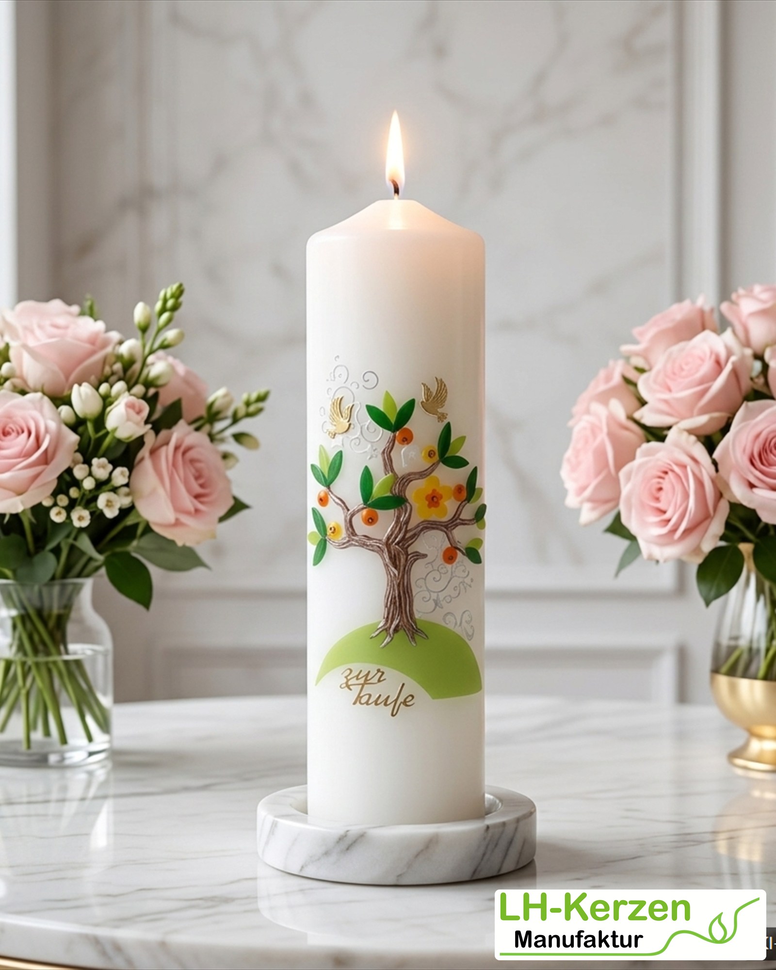 Taufkerze mit Lebensbaum, Blüten & Tauben – personalisierbar