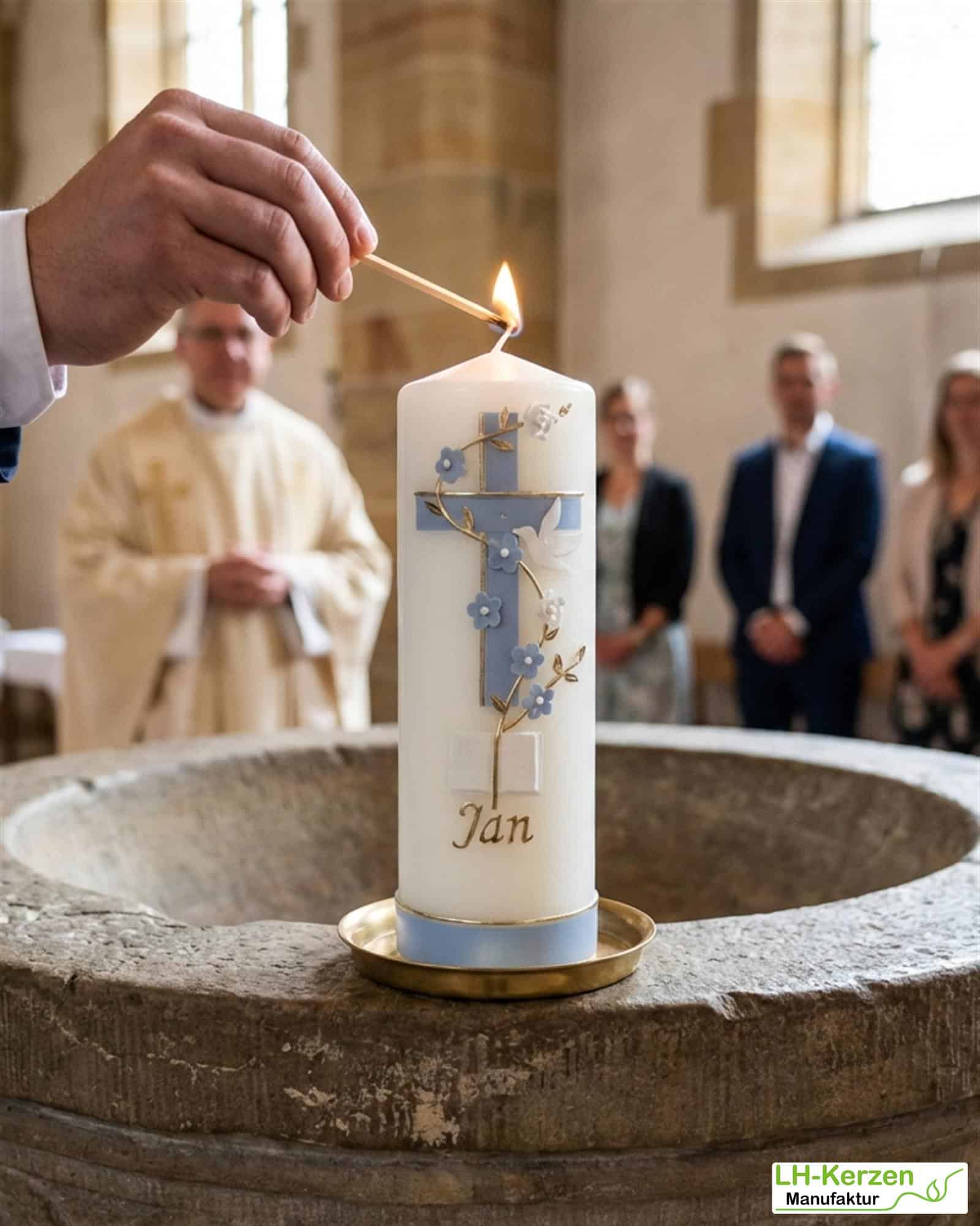 Taufkerze mit zweifarbigem Kreuz in elfenbein, Blumenranke, Taube und Bibel, personalisierbar