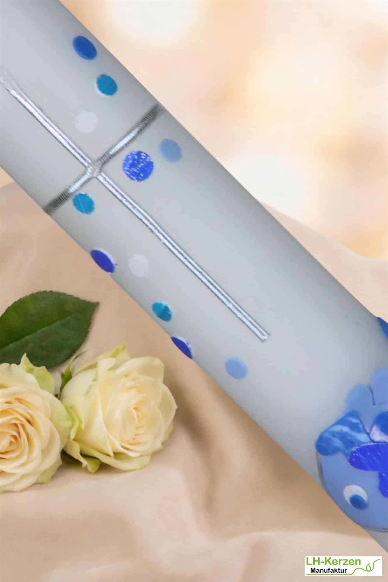 Taufkerze blaue Unterwasserwelt mit Mosaikfisch, Wasserblasen und Kreuz, personalisierbar