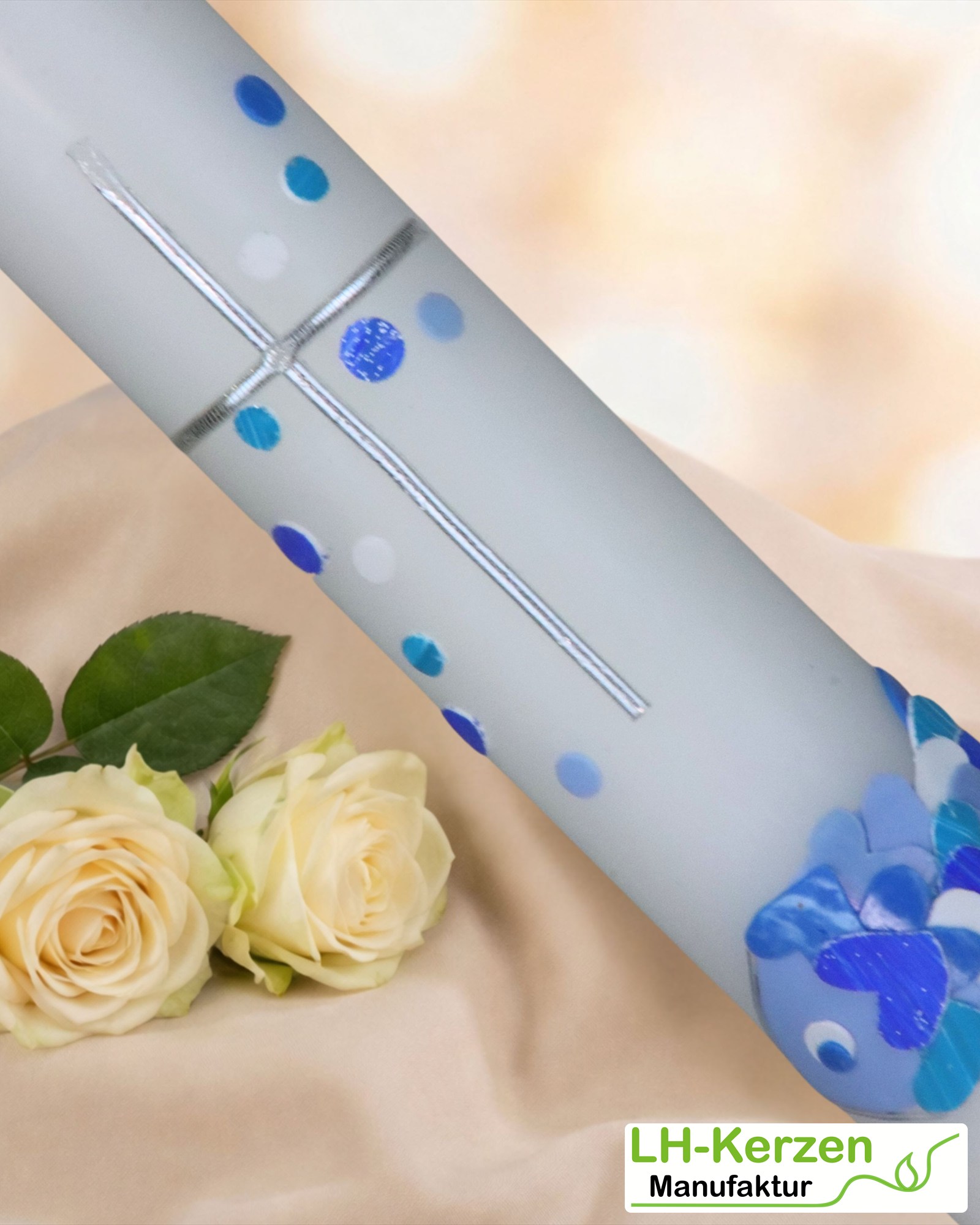 Taufkerze blaue Unterwasserwelt mit Mosaikfisch, Wasserblasen und Kreuz, personalisierbar