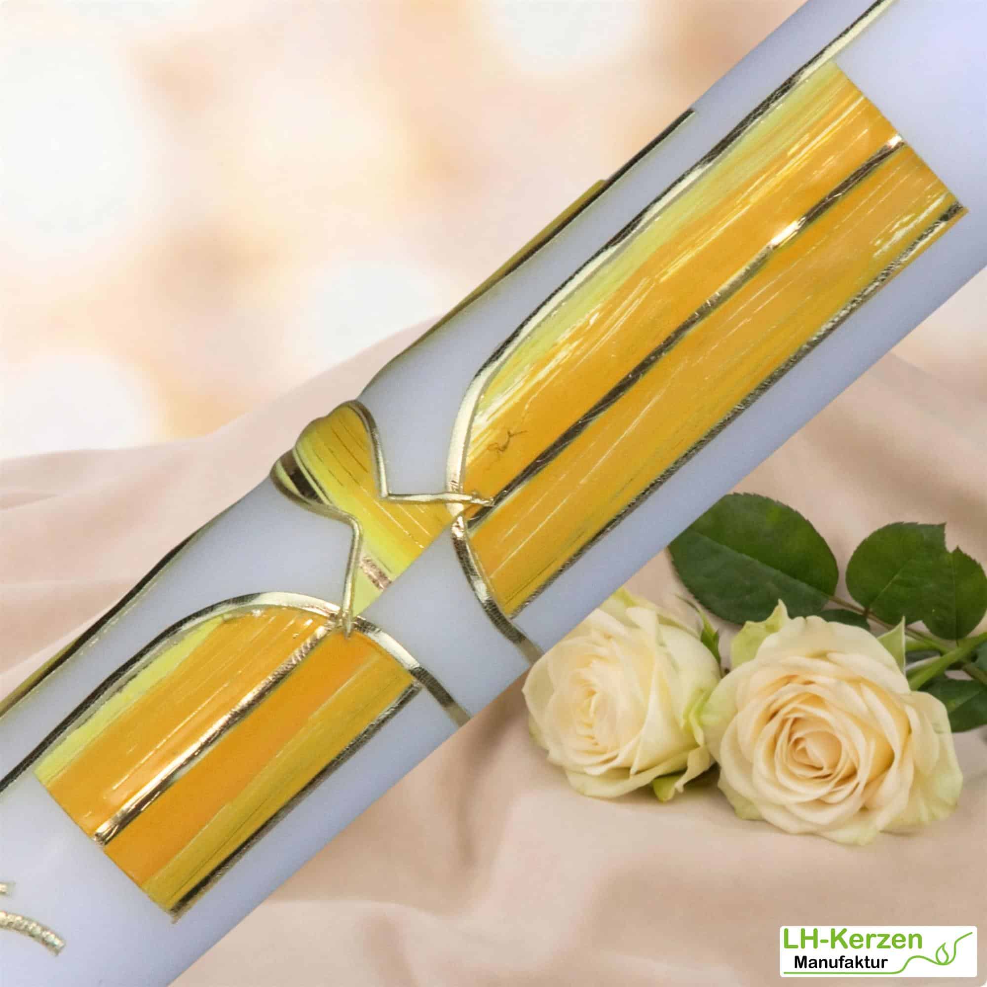 Schlanke Taufkerze mit goldenem Kreuz, Fischsymbol & Wellen – modern, personalisierbar