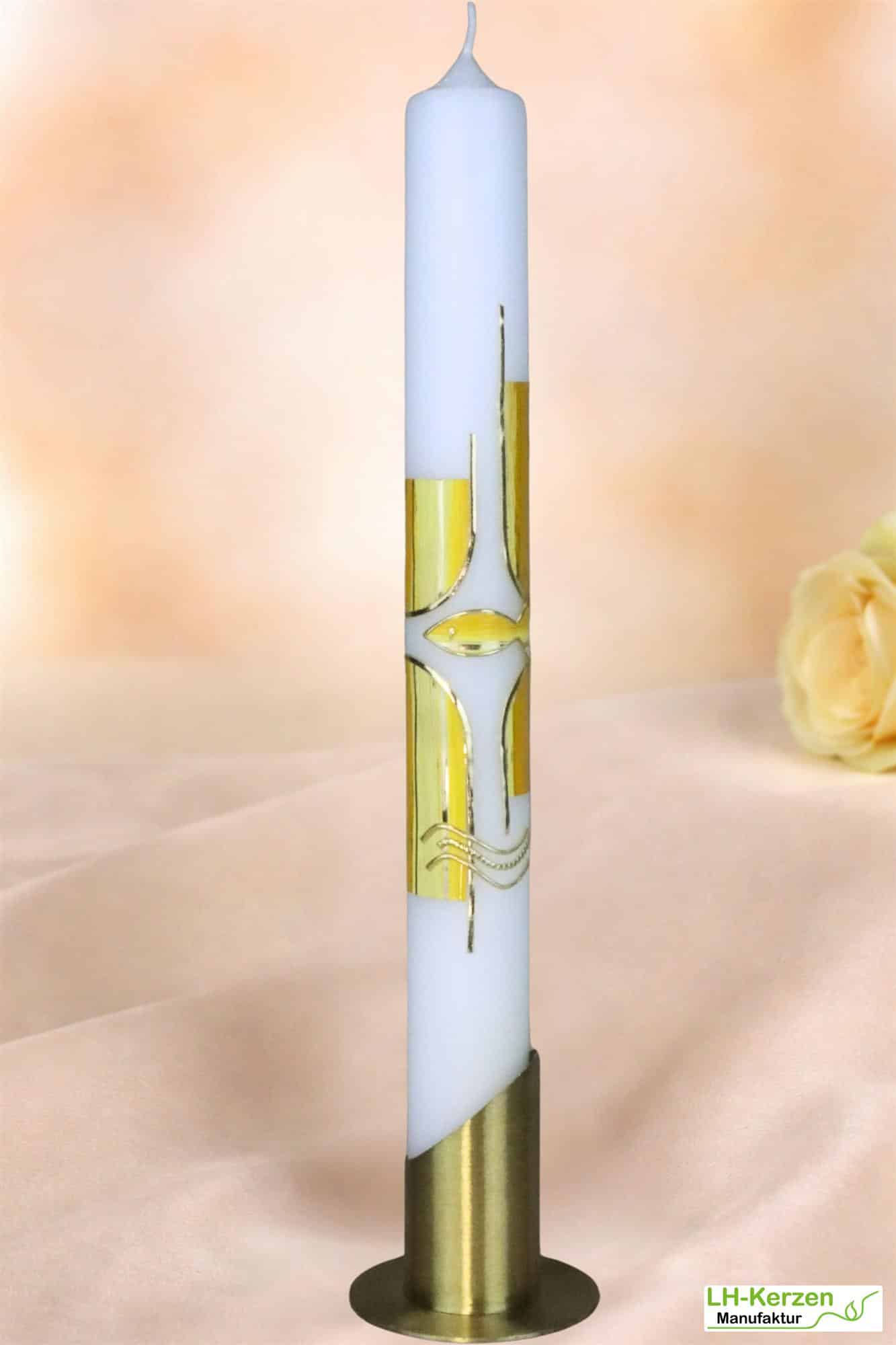 Schlanke Taufkerze mit goldenem Kreuz, Fischsymbol & Wellen – modern, personalisierbar