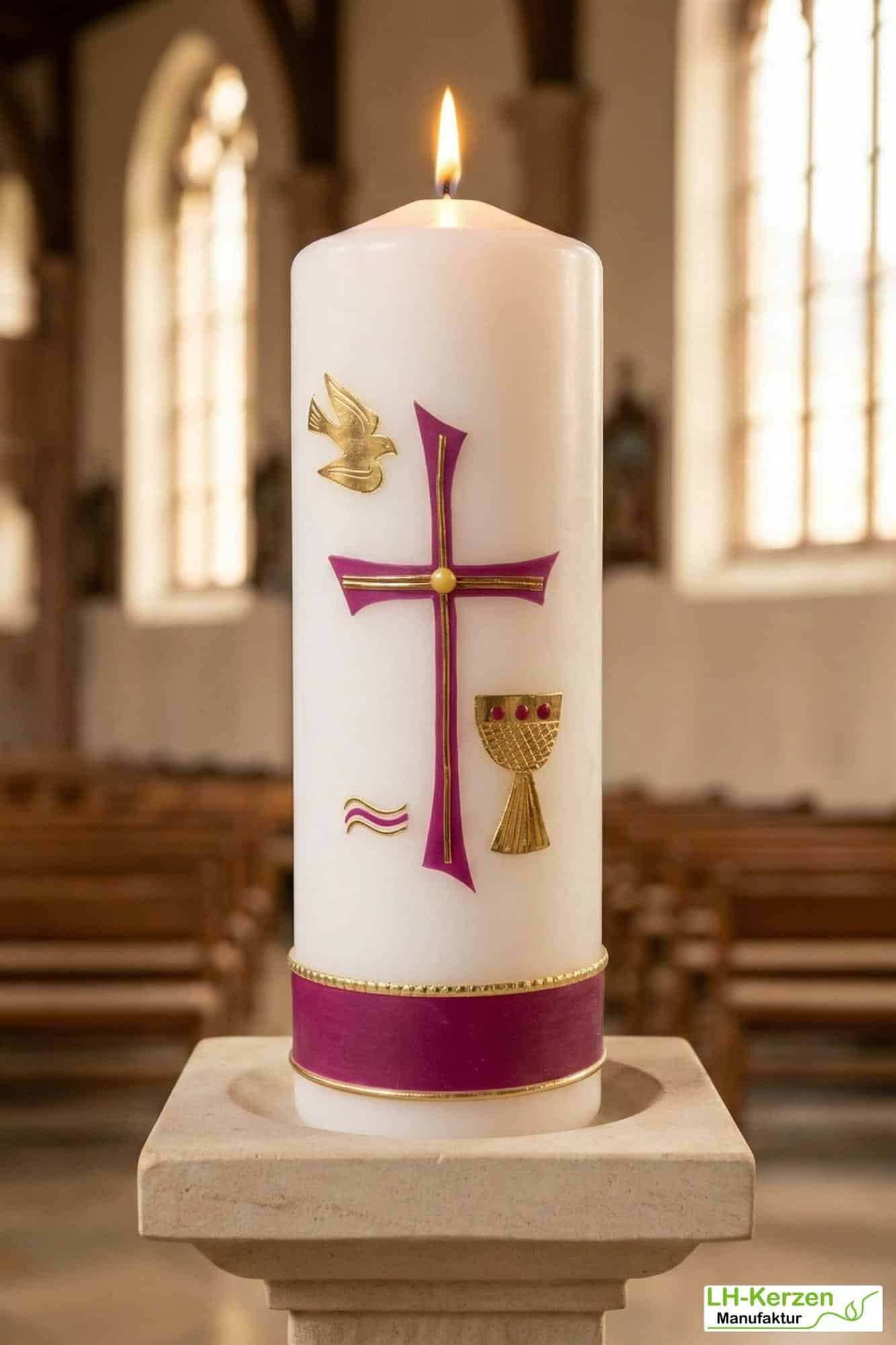 Weiße Konfirmationskerze mit byzantinischem Kreuz, Taube & Kelch – handverziert