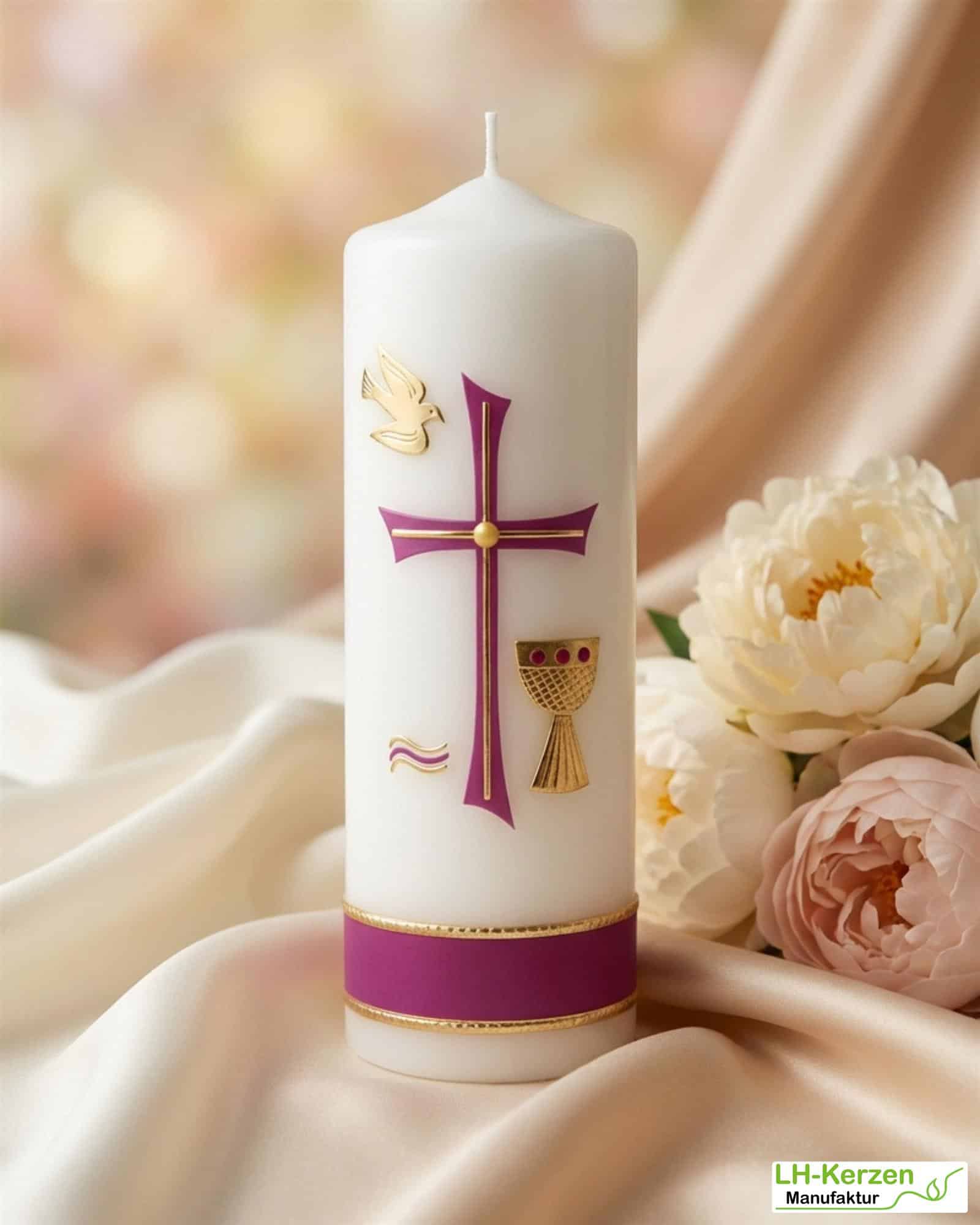 Weiße Konfirmationskerze mit byzantinischem Kreuz, Taube & Kelch – handverziert