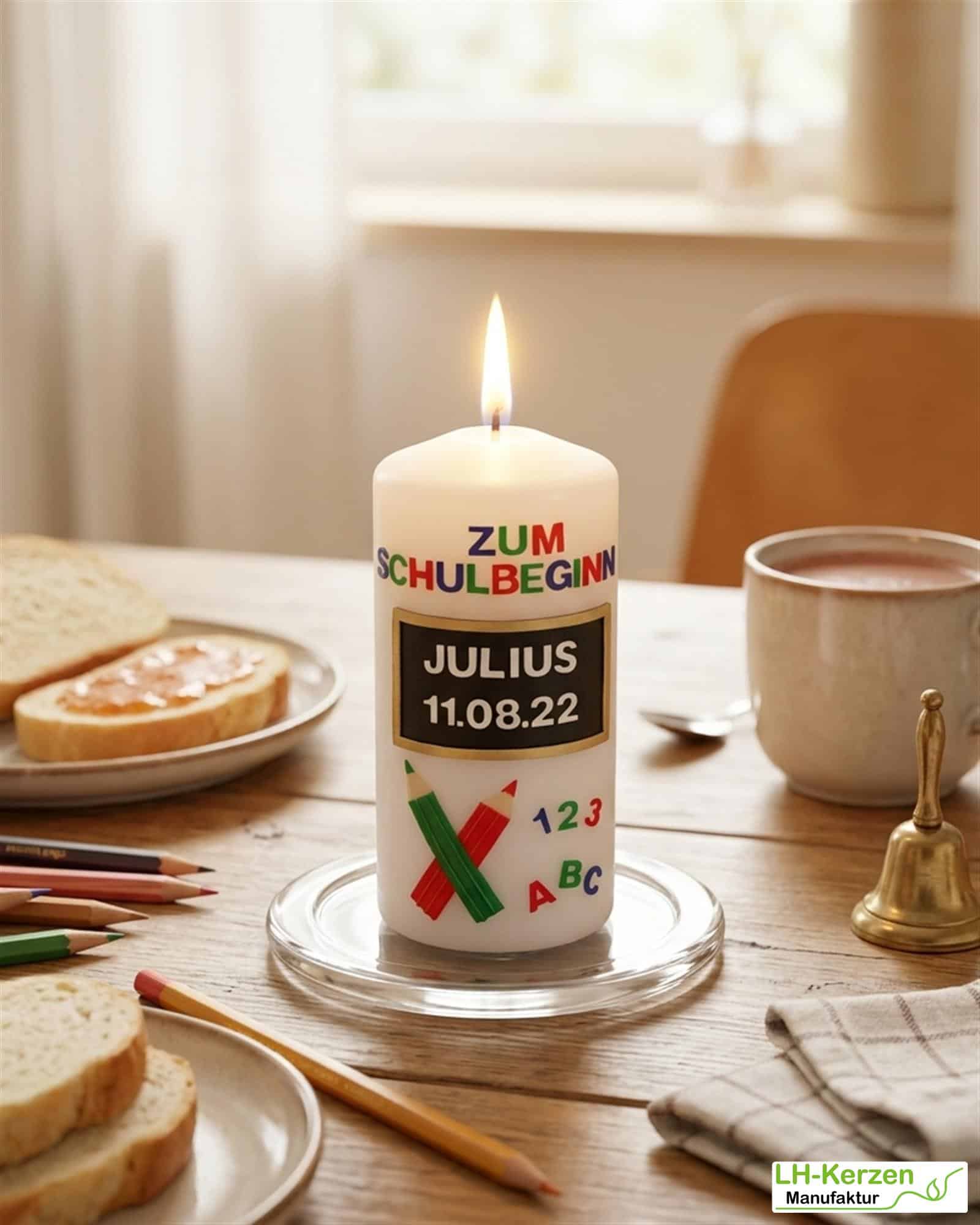 Kerze Einschulung mit Schiefertafel und Buntstiften, Einschulungskerze, Kerze erster Schultag