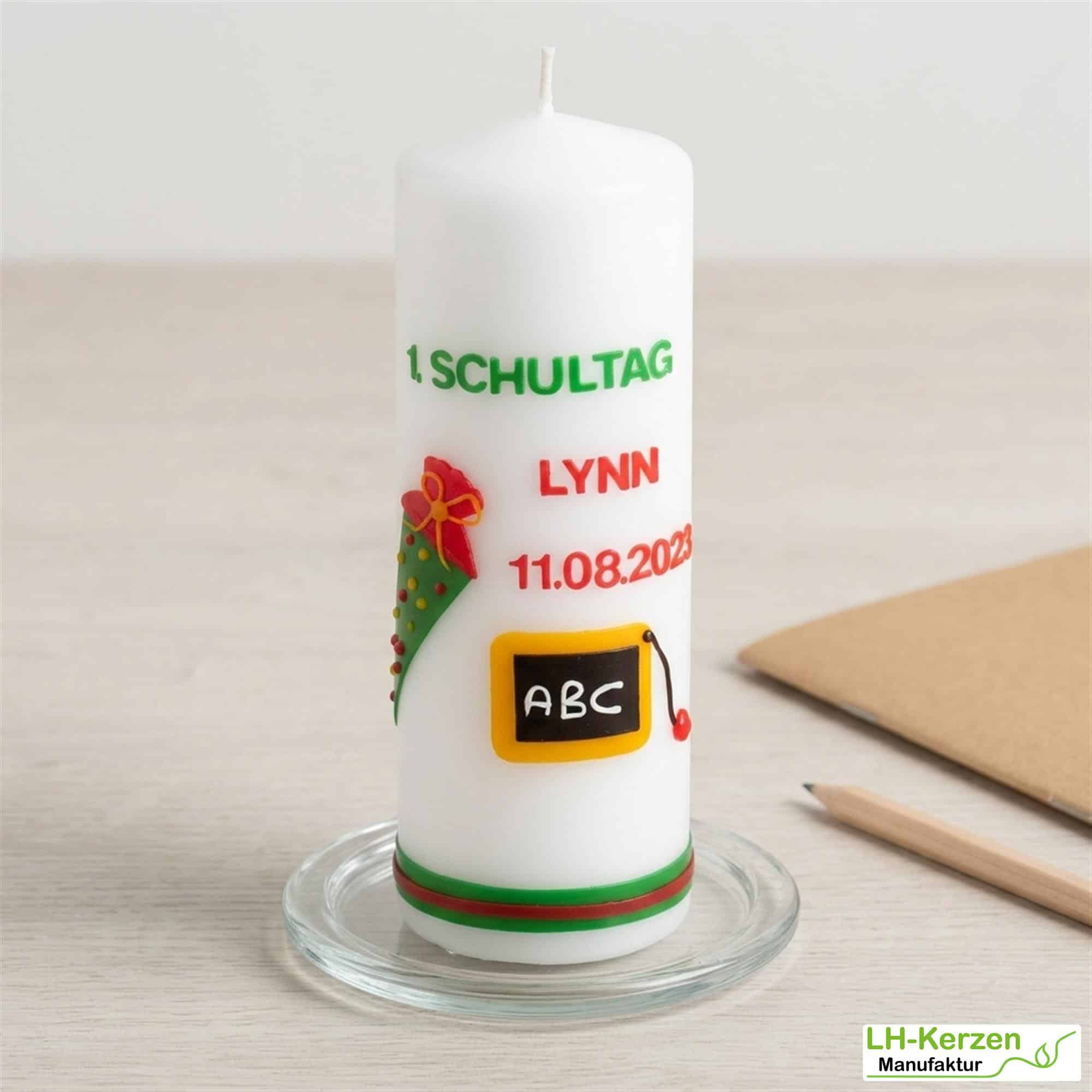 Einschulungskerze mit Tafel und Schultüte, Kerze zur Einschulung, Kerze erster Schultag