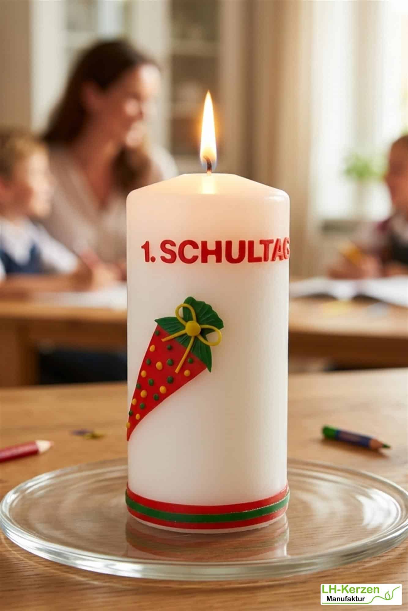 weiße Kerze zur Einschulung mit Schultüte, Einschulungskerze, Geschenk erster Schultag