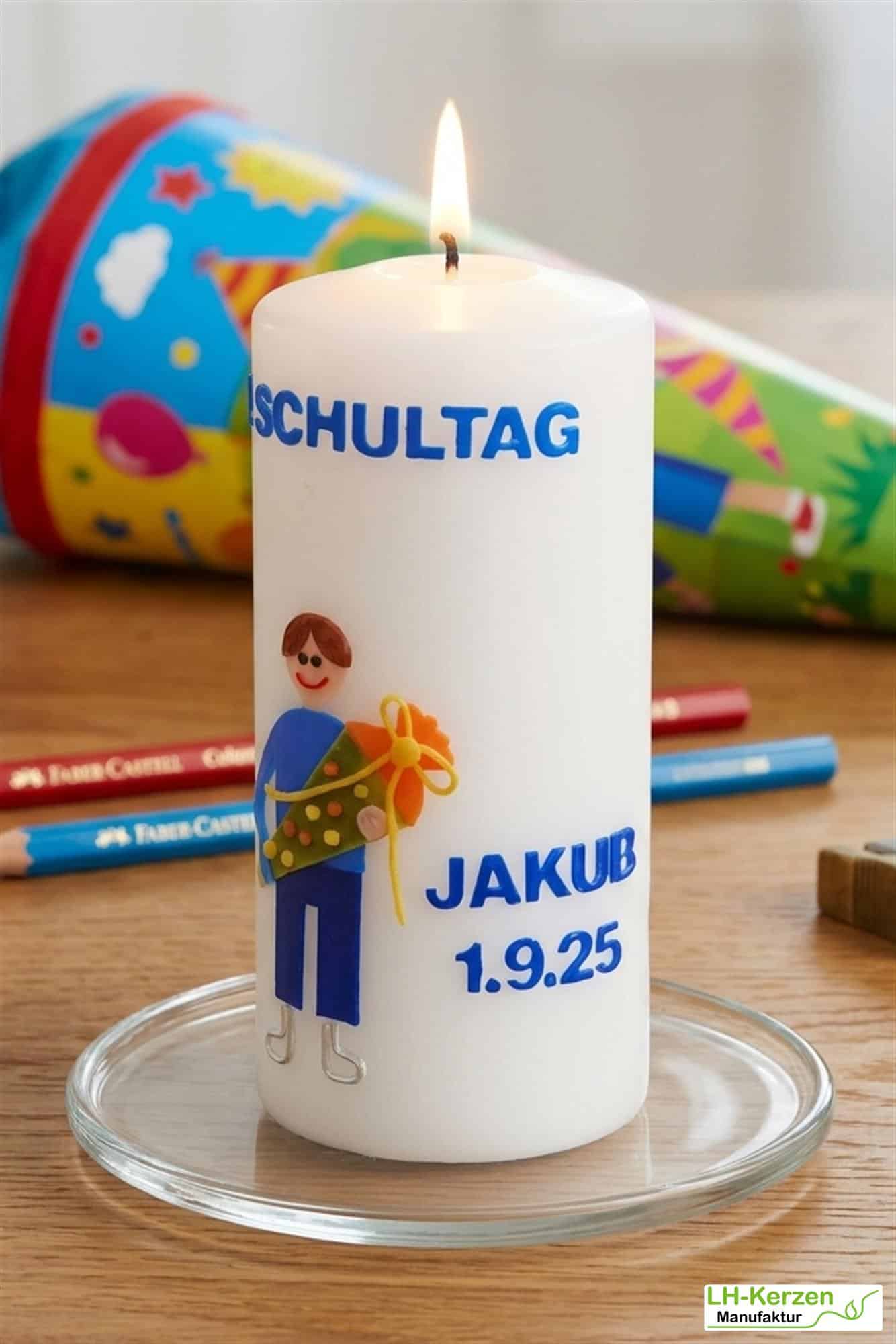 Kerze Einschulung mit i-Dötzchen und Schultüte, Einschulungskerze, Kerze erster Schultag