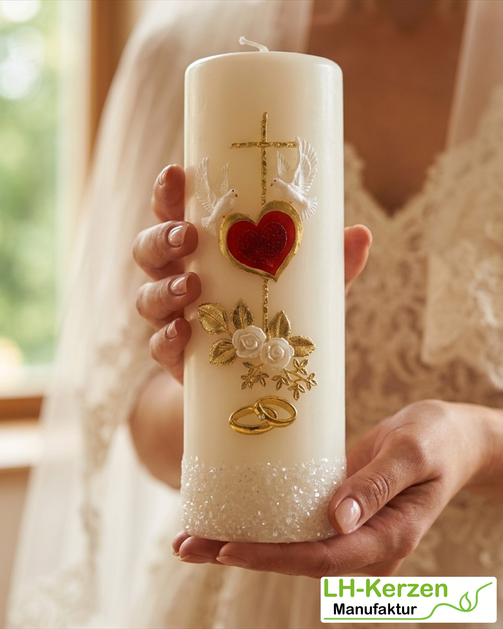 Hochzeitskerze Herz & Kreuz mit Tauben, Rosen und Ringen – personalisierbar