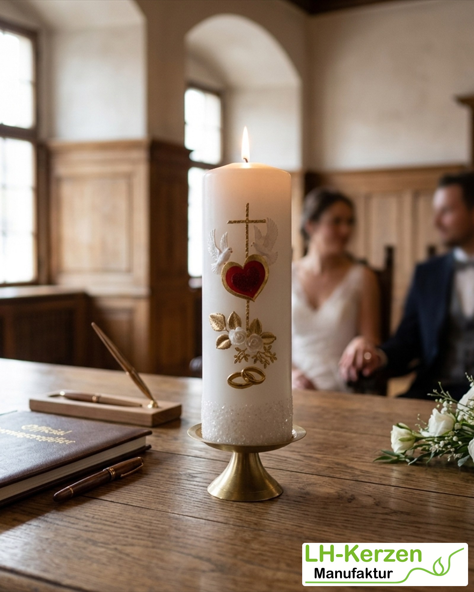 Hochzeitskerze Herz & Kreuz mit Tauben, Rosen und Ringen – personalisierbar