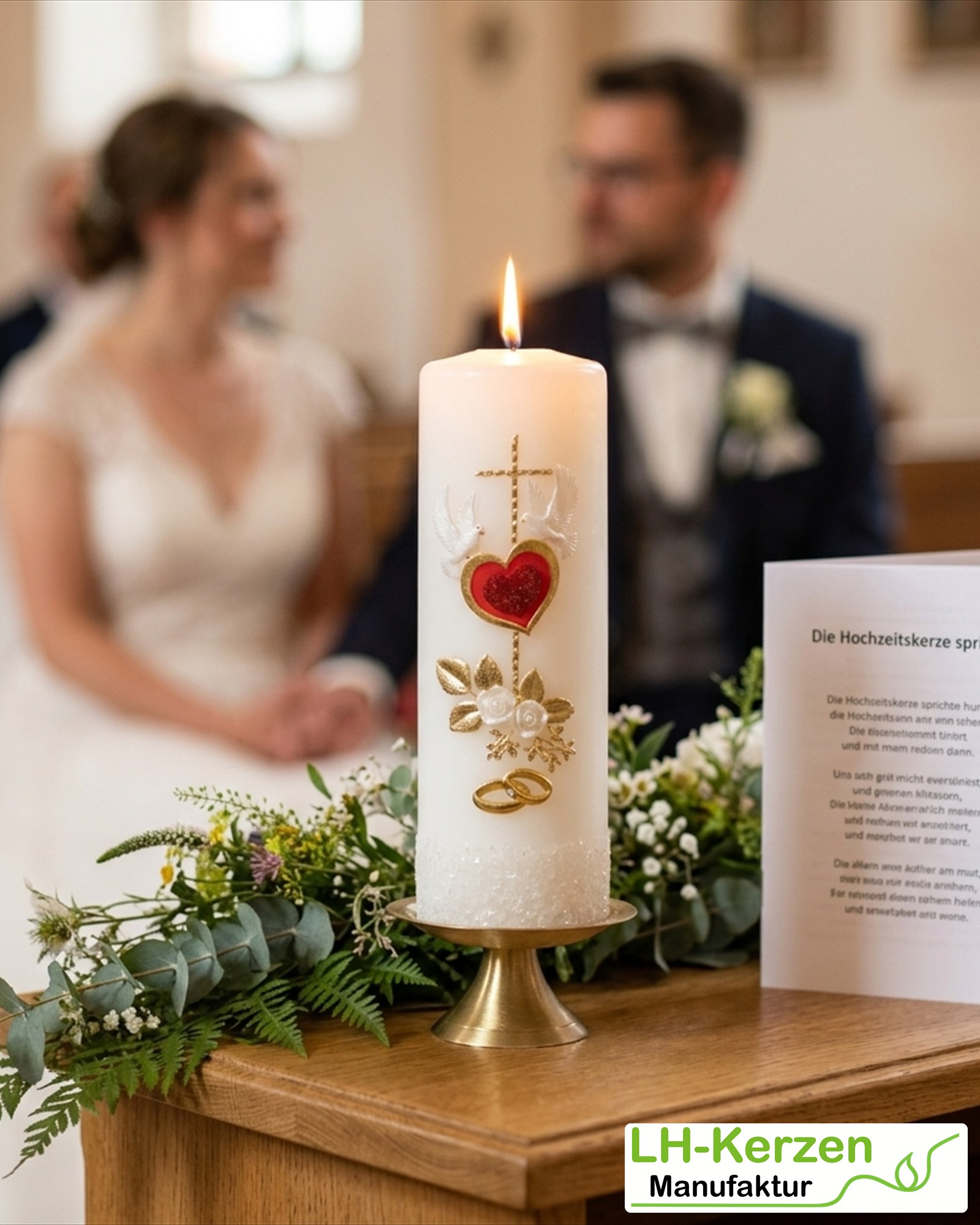 Hochzeitskerze Herz & Kreuz mit Tauben, Rosen und Ringen – personalisierbar