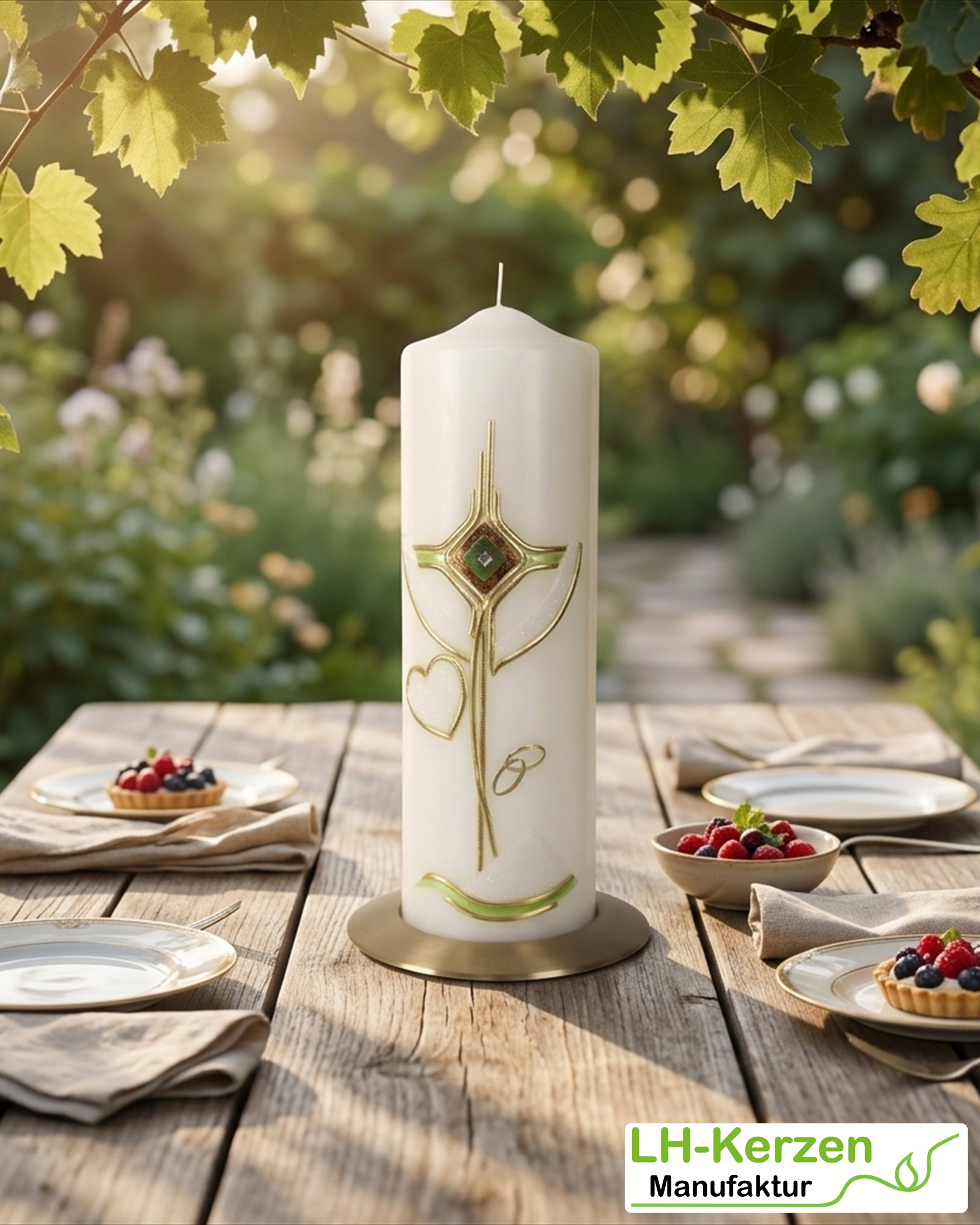 Hochzeitskerze Goldkreuz mit Herz & Ringen in Grün – personalisierbar