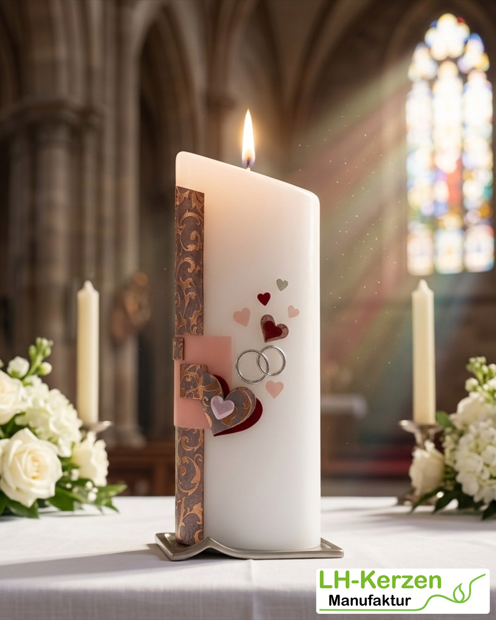 Ovale Hochzeitskerze mit Ornamentkreuz, Herzen & Ringen – personalisierbar