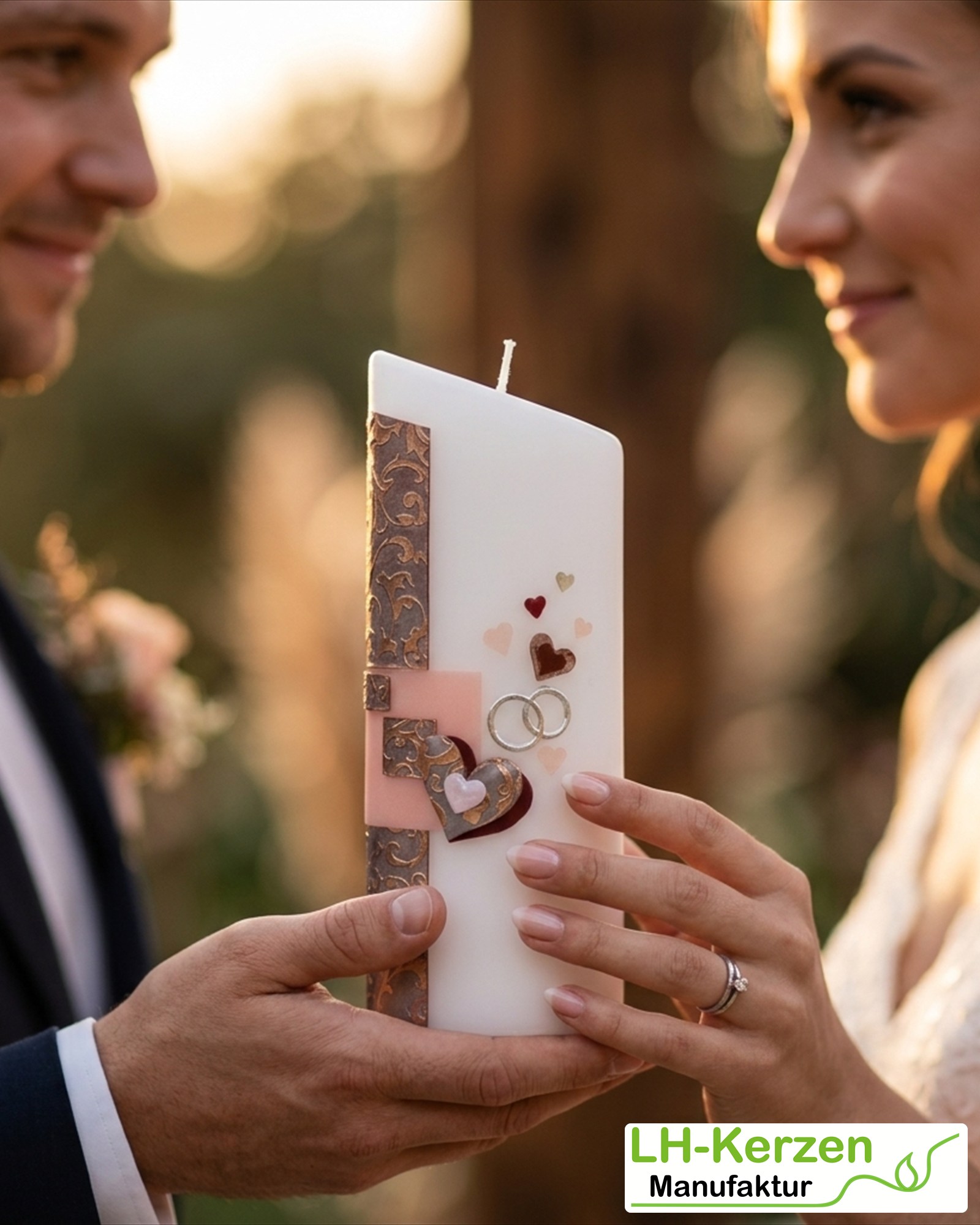 Ovale Hochzeitskerze mit Ornamentkreuz, Herzen & Ringen – personalisierbar