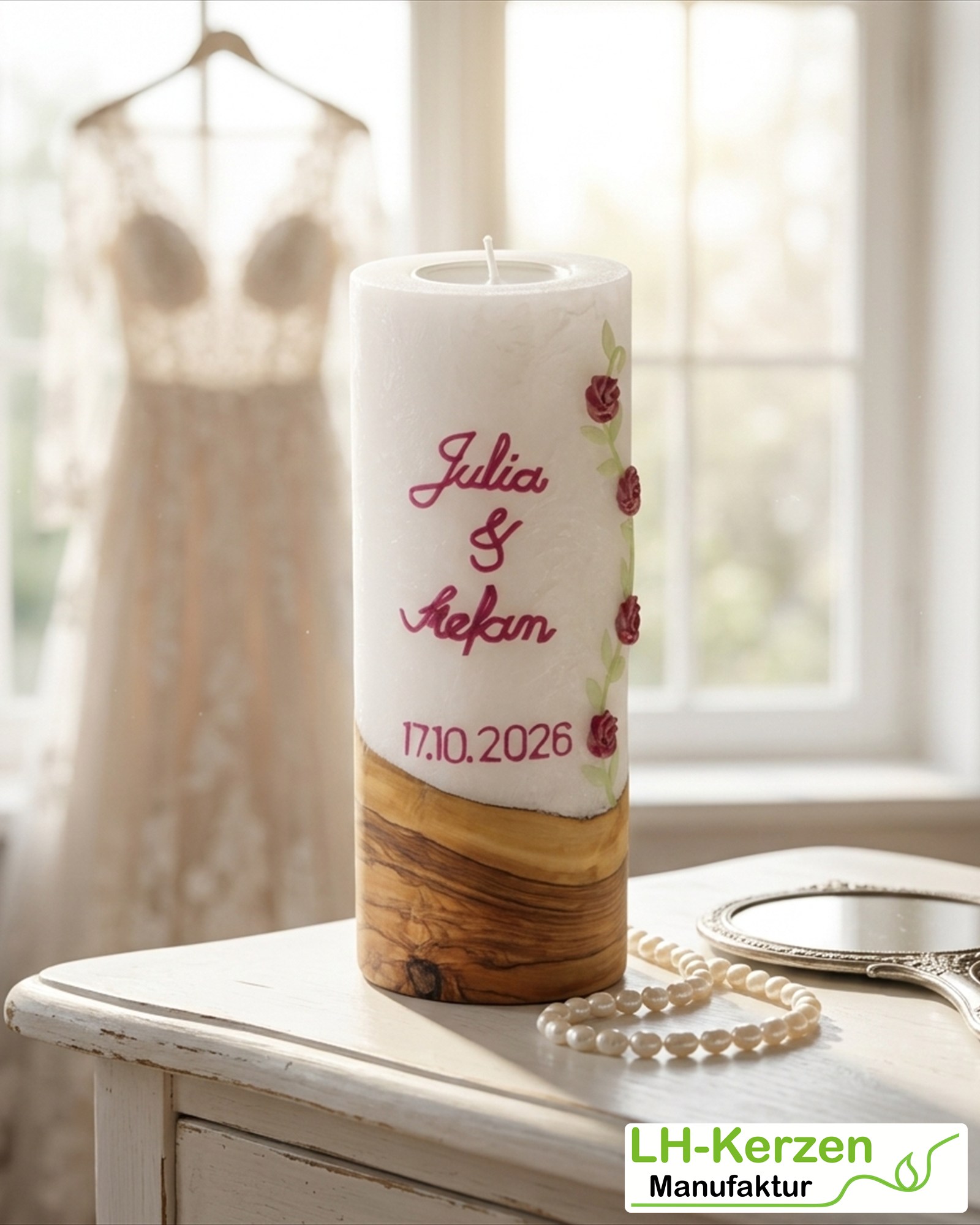 Hochzeitskerze Holz & Stearin mit Rosenranke und Teelichteinsatz – personalisierbar