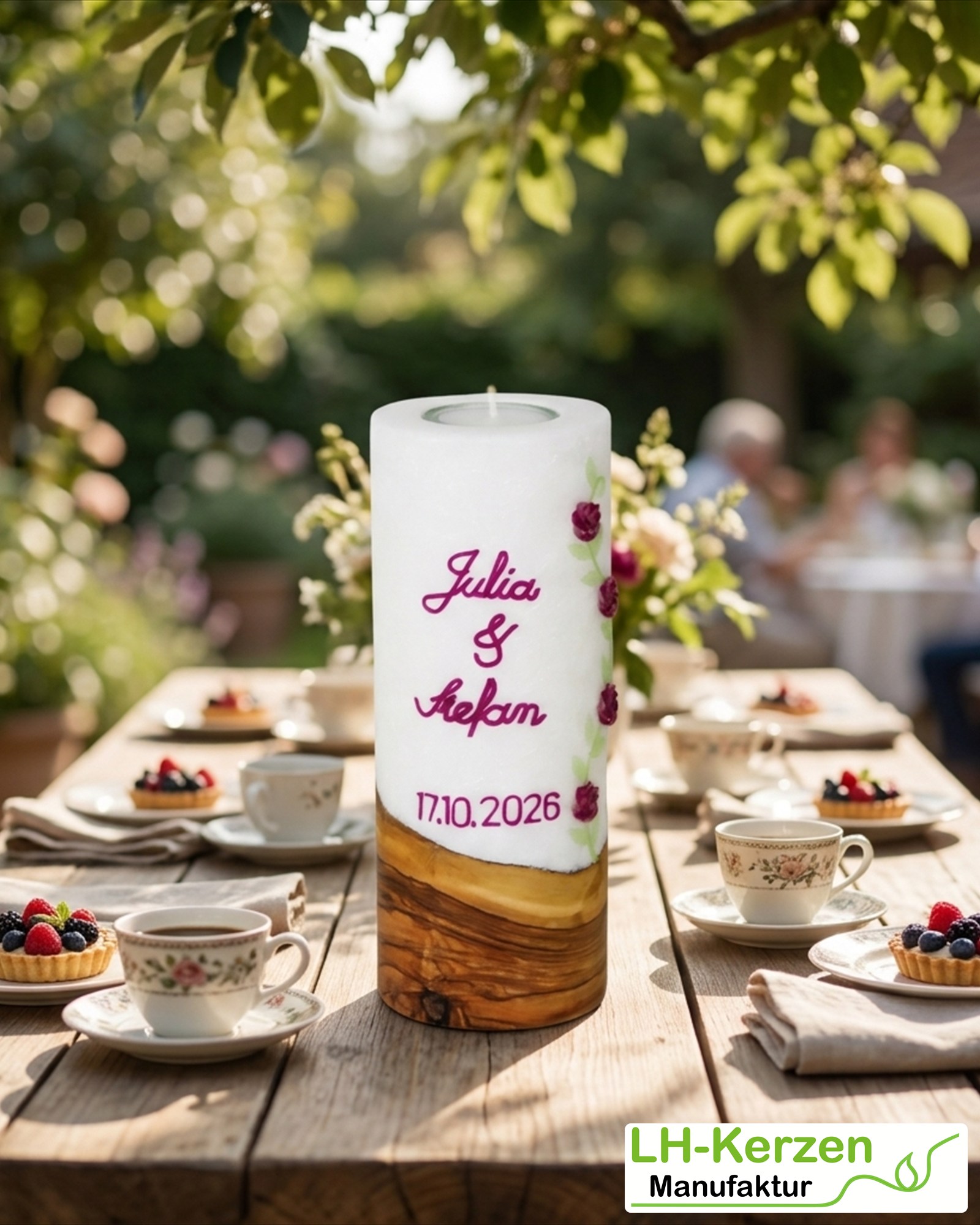 Hochzeitskerze Holz & Stearin mit Rosenranke und Teelichteinsatz – personalisierbar