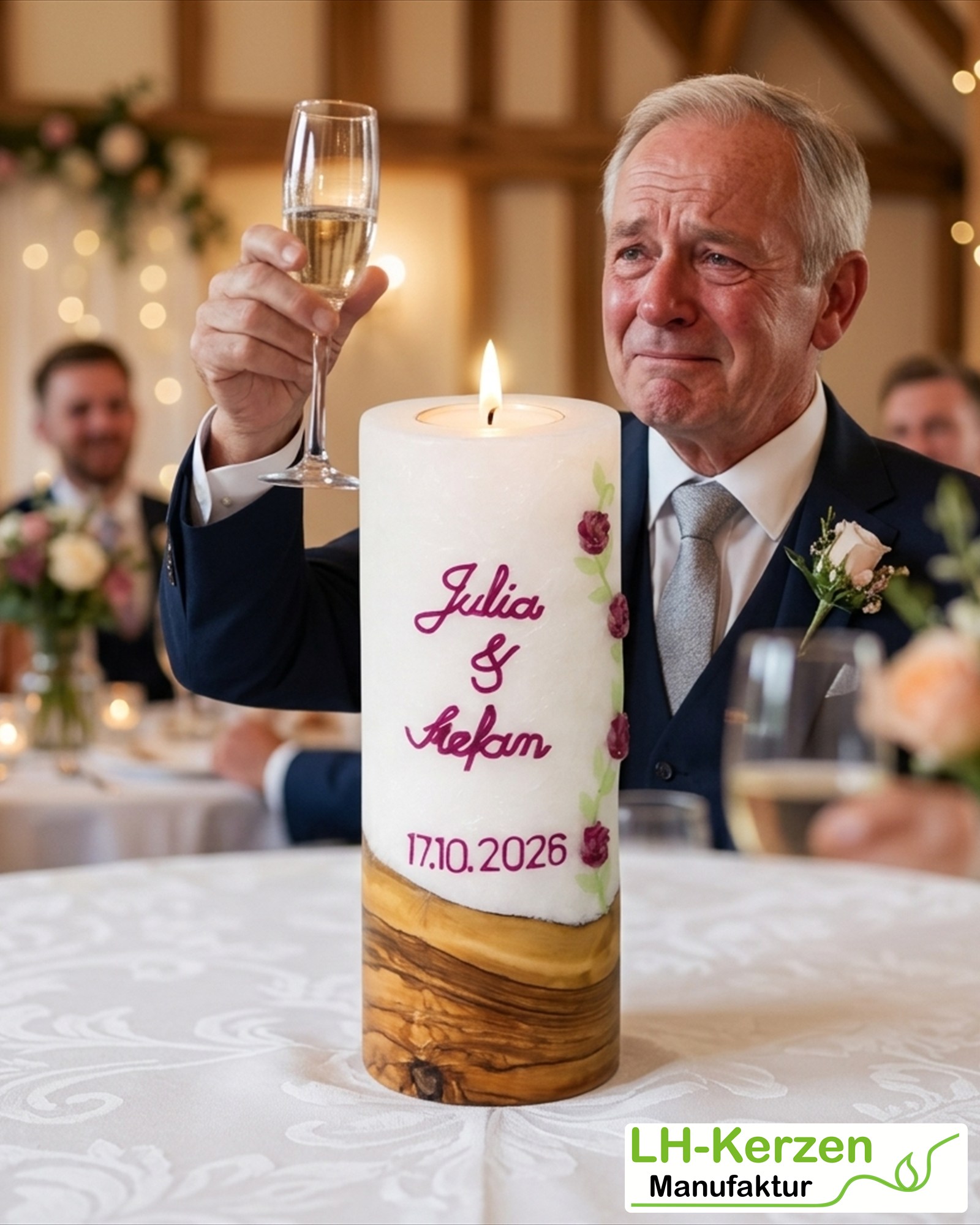 Hochzeitskerze Holz & Stearin mit Rosenranke und Teelichteinsatz – personalisierbar