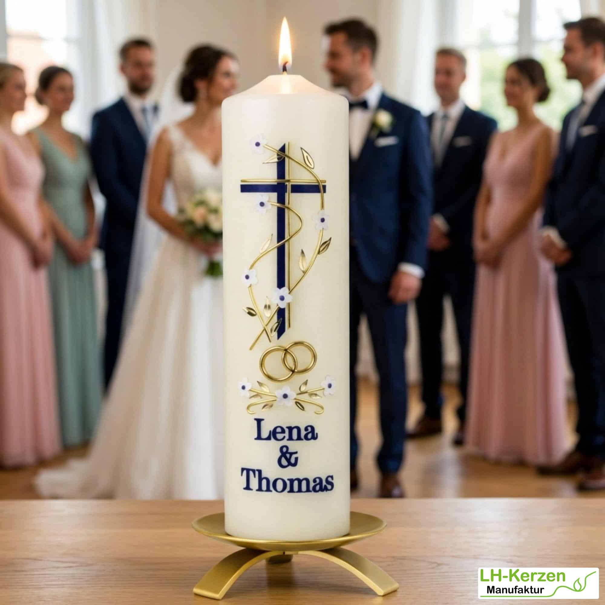 Glaube & Verbindung – handveredelte Hochzeitskerze mit Kreuz & Ringen – personalisierbar