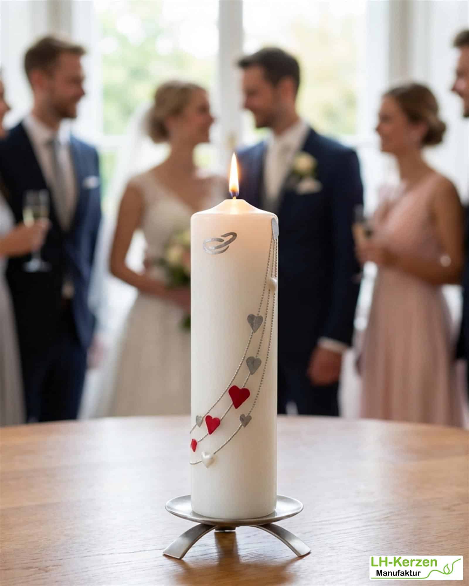 Moderner Herzreigen – handveredelte Hochzeitskerze mit Herzmotiv – personalisierbar