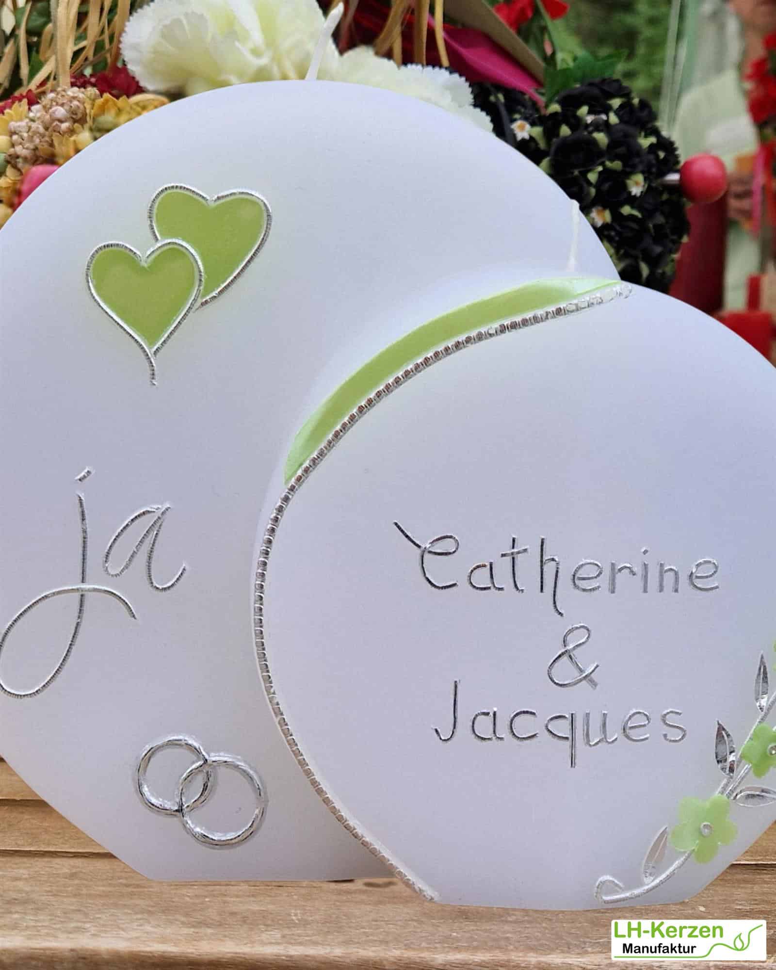 Doppelscheibe "Ja" – Handveredelte Doppeldocht Hochzeitskerze mit 2 Dochten – personalisierbar