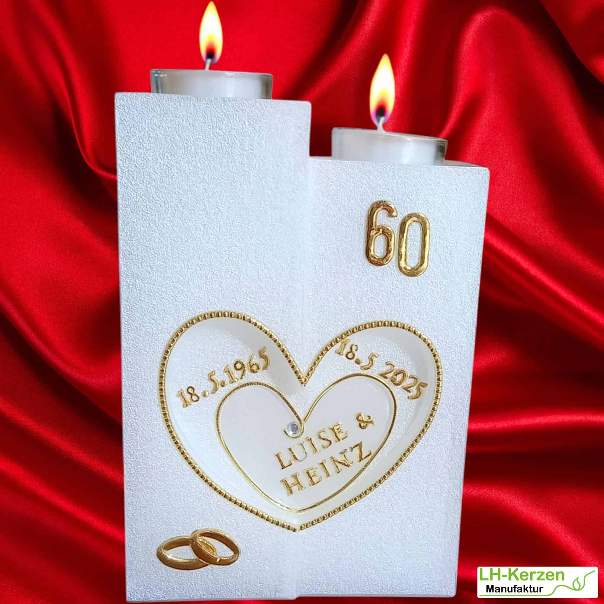 Hochzeitskerze Stufenkerze mit zwei Teelichten, Perlmutt-Oberfläche und gefrästen Herzen