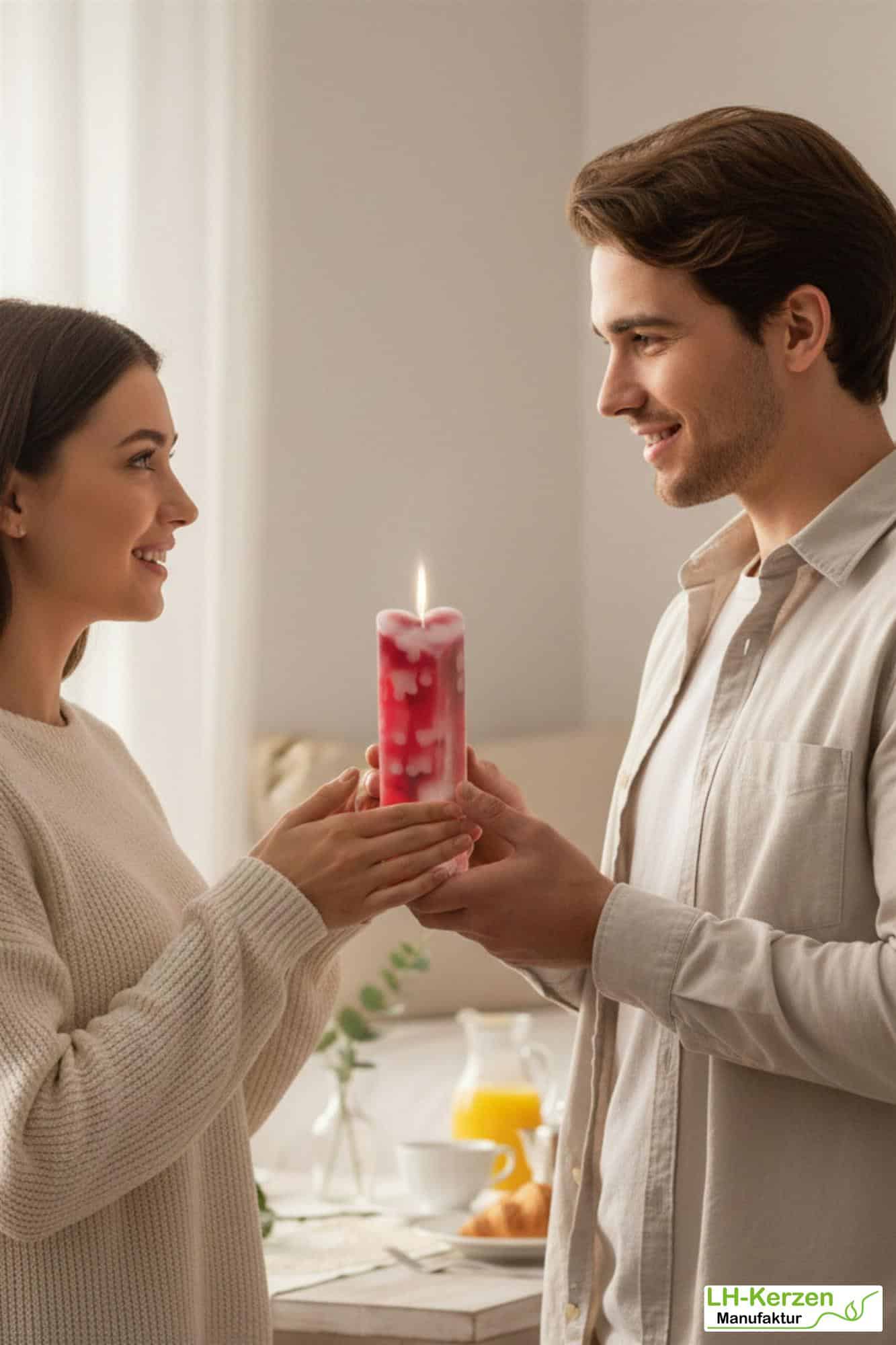 Herzkerze rot-weiß mit Farbverlauf – handgegossen & beschriftbar – romantisches Geschenk